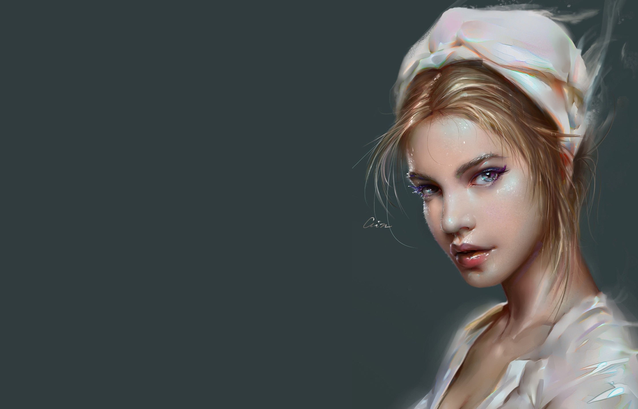 General 2232x1430 artwork women Barbara Palvin simple background blonde looking at viewer face portrait nurse outfit