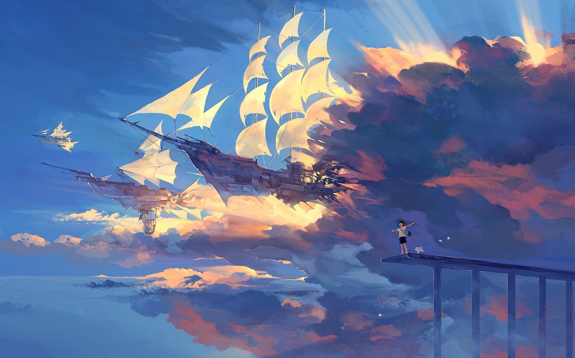 Anime 1920x1197 airships clouds fantasy art vehicle sky sunlight rigging (ship)