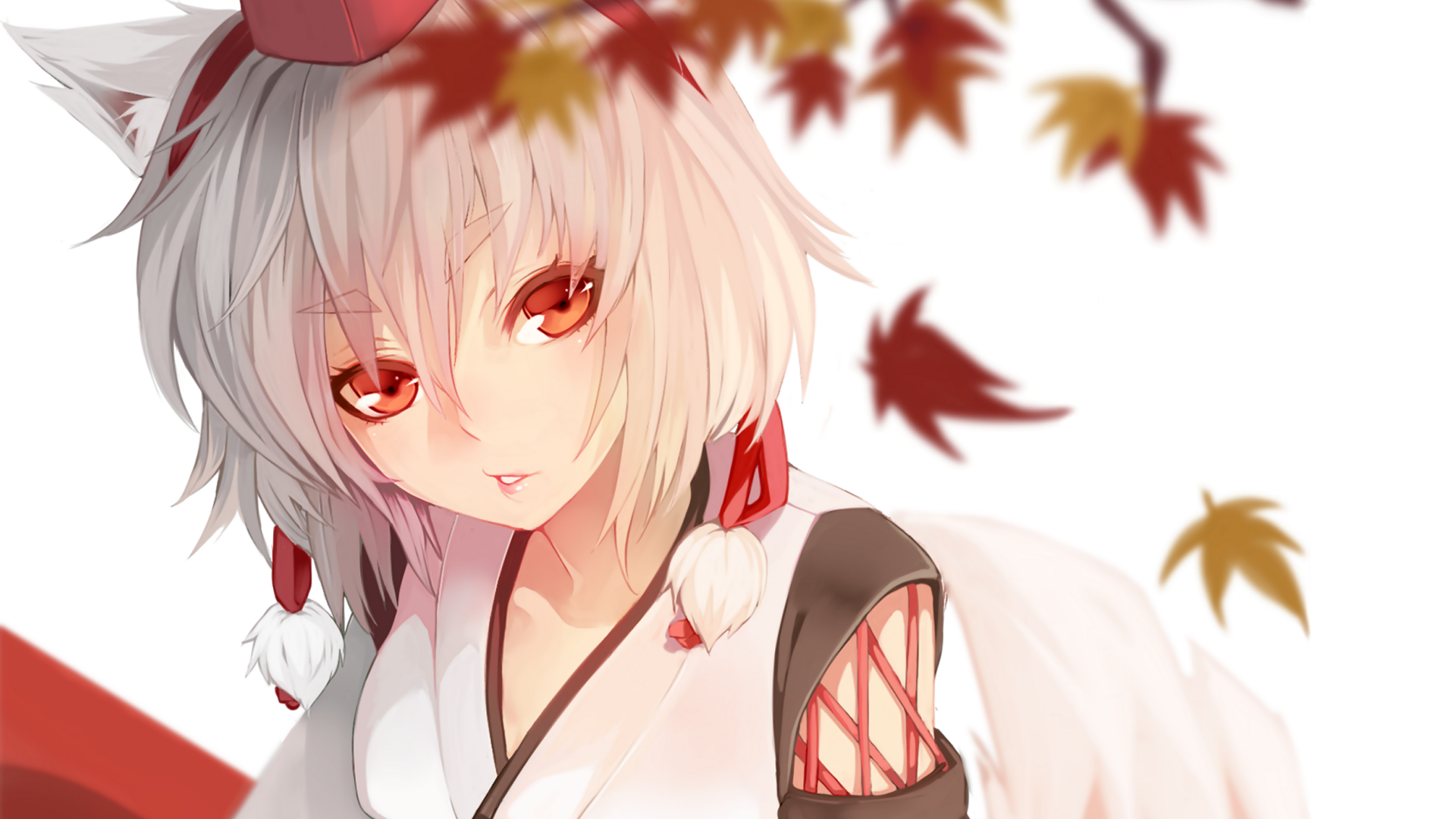 Anime 1920x1080 anime girls anime wolf girls Touhou Inubashiri Momiji white background red eyes simple background looking at viewer leaves hair in face
