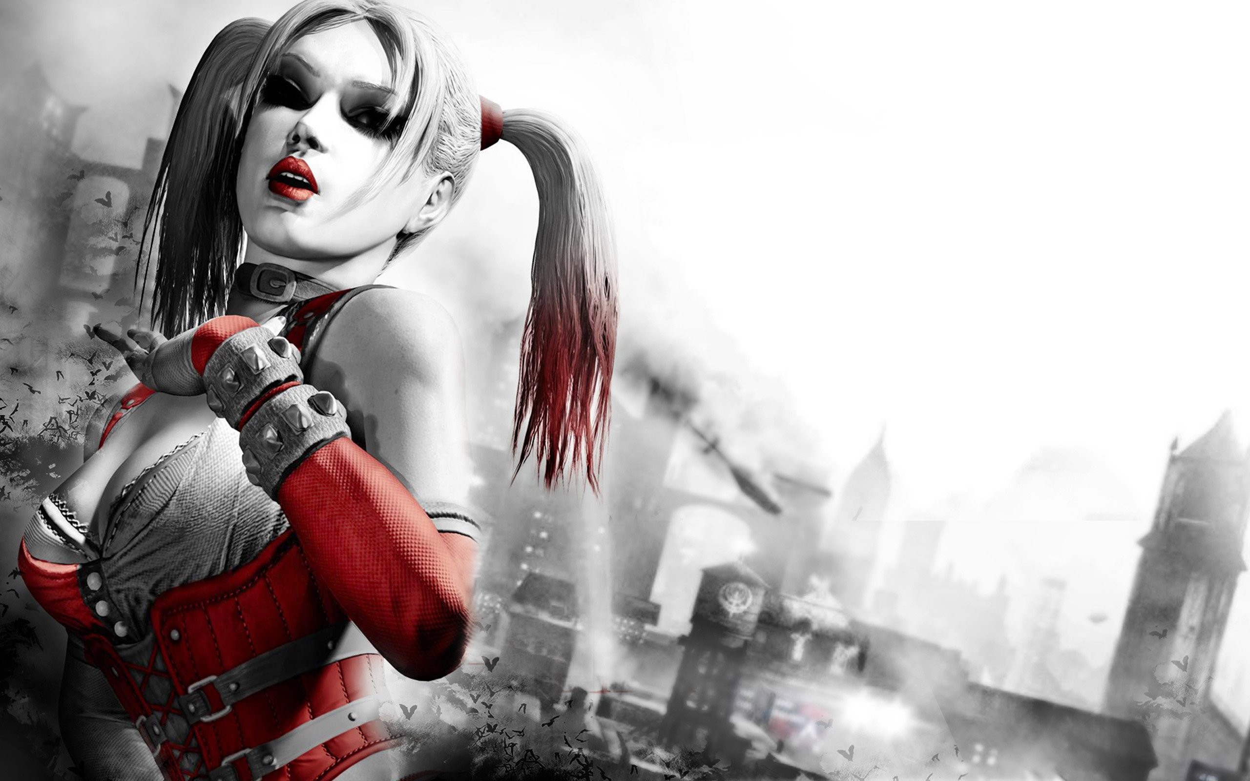 General 2560x1600 drawing Harley Quinn cleavage Batman: Arkham City video games villains selective coloring video game characters video game girls boobs