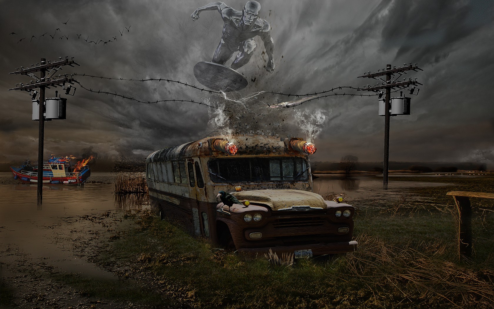 General 1680x1050 Silver Surfer buses field boat wreck digital art frontal view overcast clouds sky water crow animals school bus