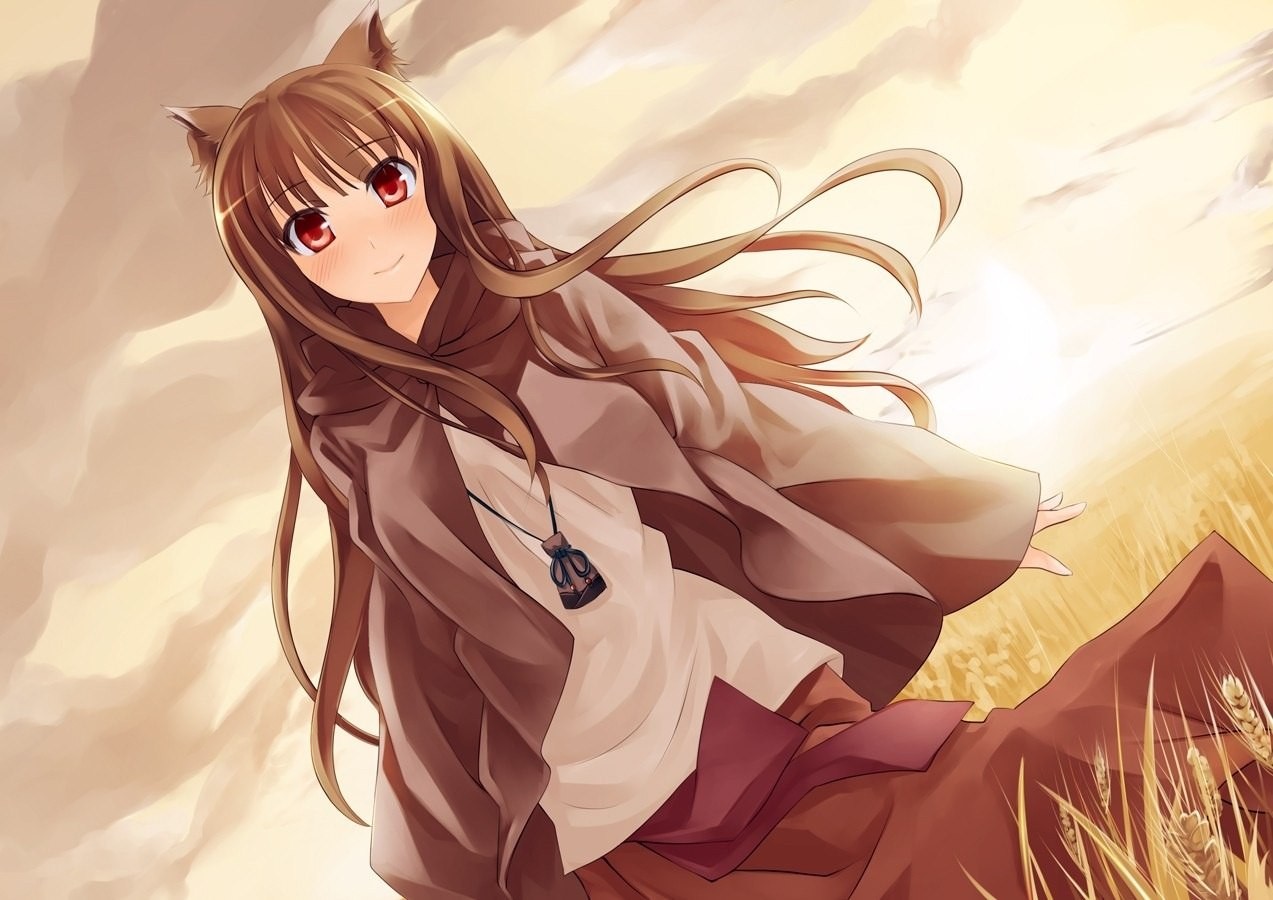 Anime 1273x900 Holo (Spice and Wolf) Spice and Wolf wolf girls animal ears red eyes smiling brunette long hair fantasy art fantasy girl anime anime girls