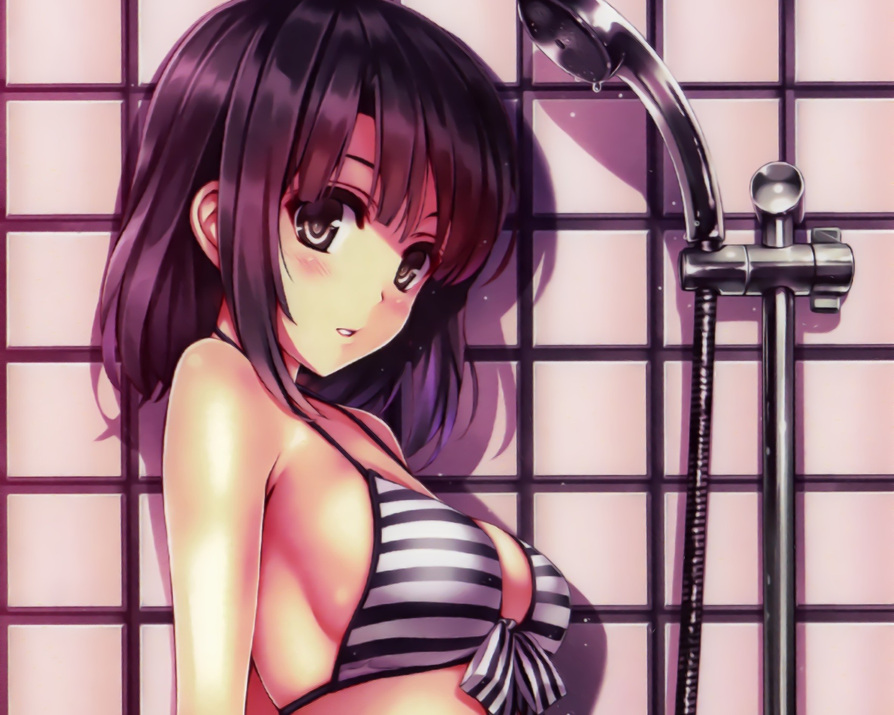 Anime 1816x1453 anime anime girls bikini Saenai Heroine no Sodatekata Katou Megumi Misaki Kurehito boobs shower women in shower women in bathroom bikini top striped bikini