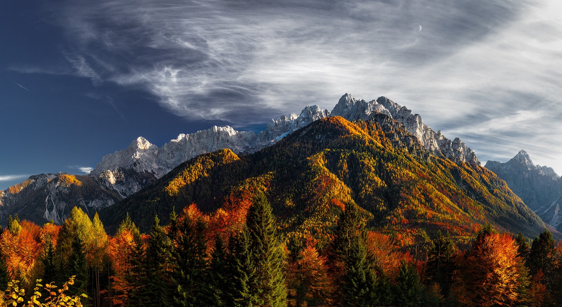 General 1920x1049 nature mountains forest fall colorful landscape trees snowy peak clouds Moon Slovenia sunlight
