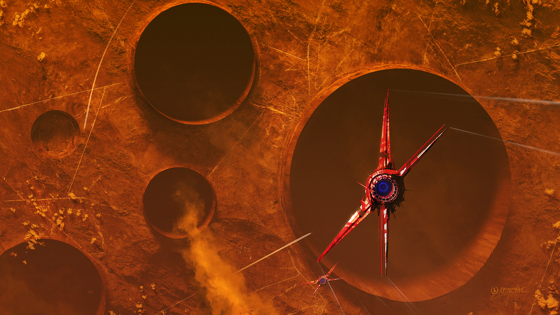 General 1920x1080 Kuldar Leement artwork science fiction crater planet Mars spaceship X-wing clouds smoke