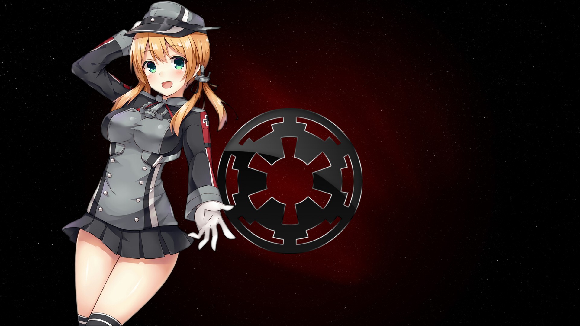Anime 1920x1080 Kantai Collection Prinz Eugen (KanColle) anime blonde skirt Star Wars Imperial Cog anime girls thighs boobs open mouth
