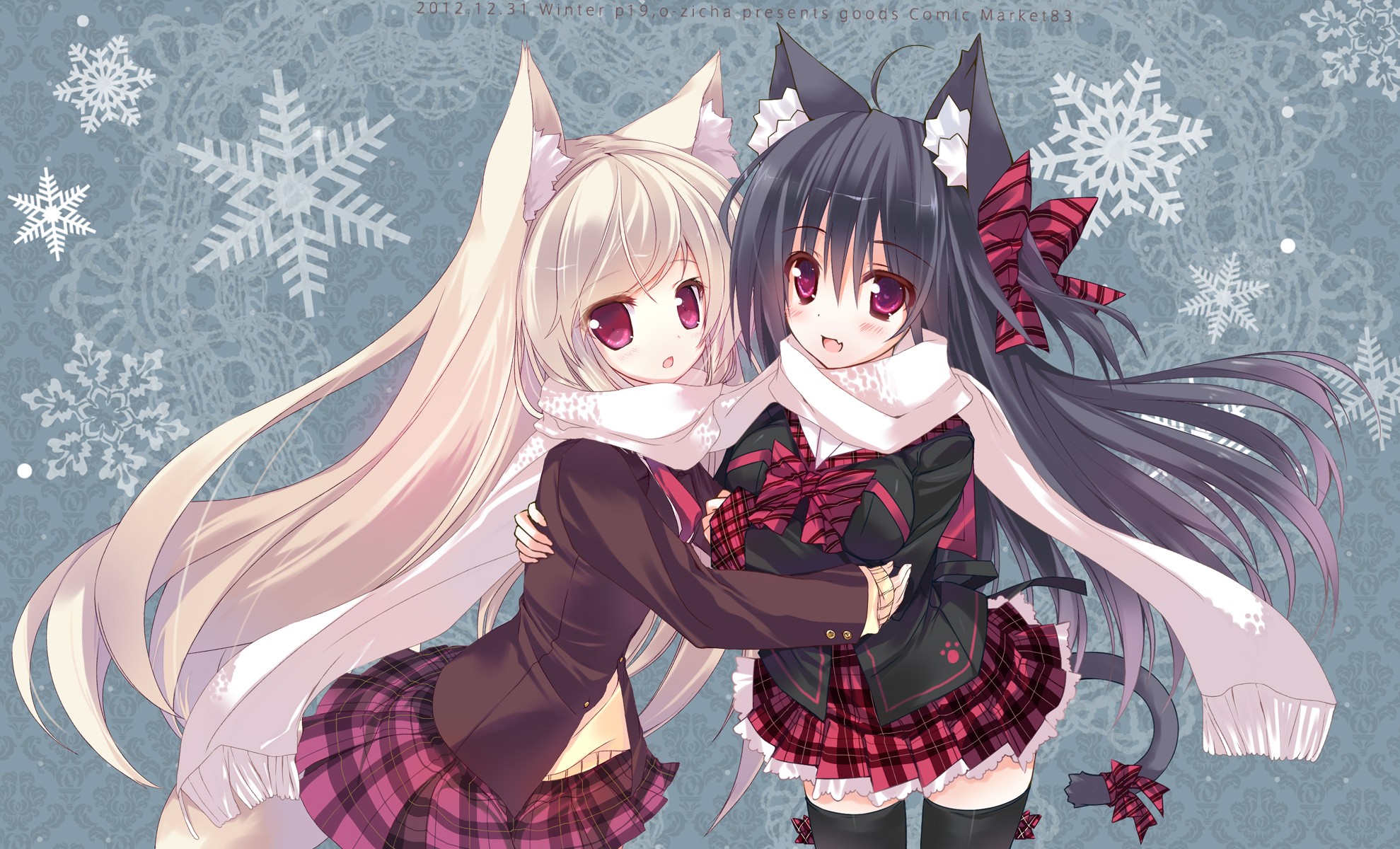 Anime 1979x1200 anime anime girls cat girl scarf animal ears original characters two women long hair hugging plaid skirt skirt tail plaid clothing looking at viewer