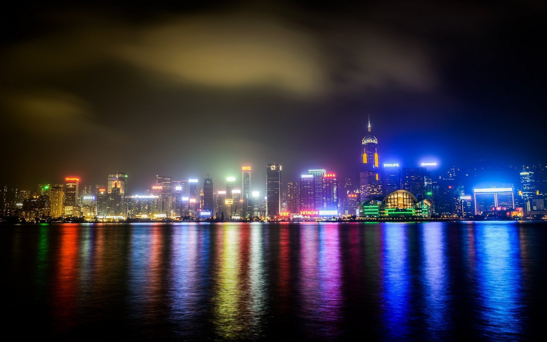 General 1920x1200 photography urban city building cityscape night lights city lights street light water sea reflection clouds Hong Kong China Asia