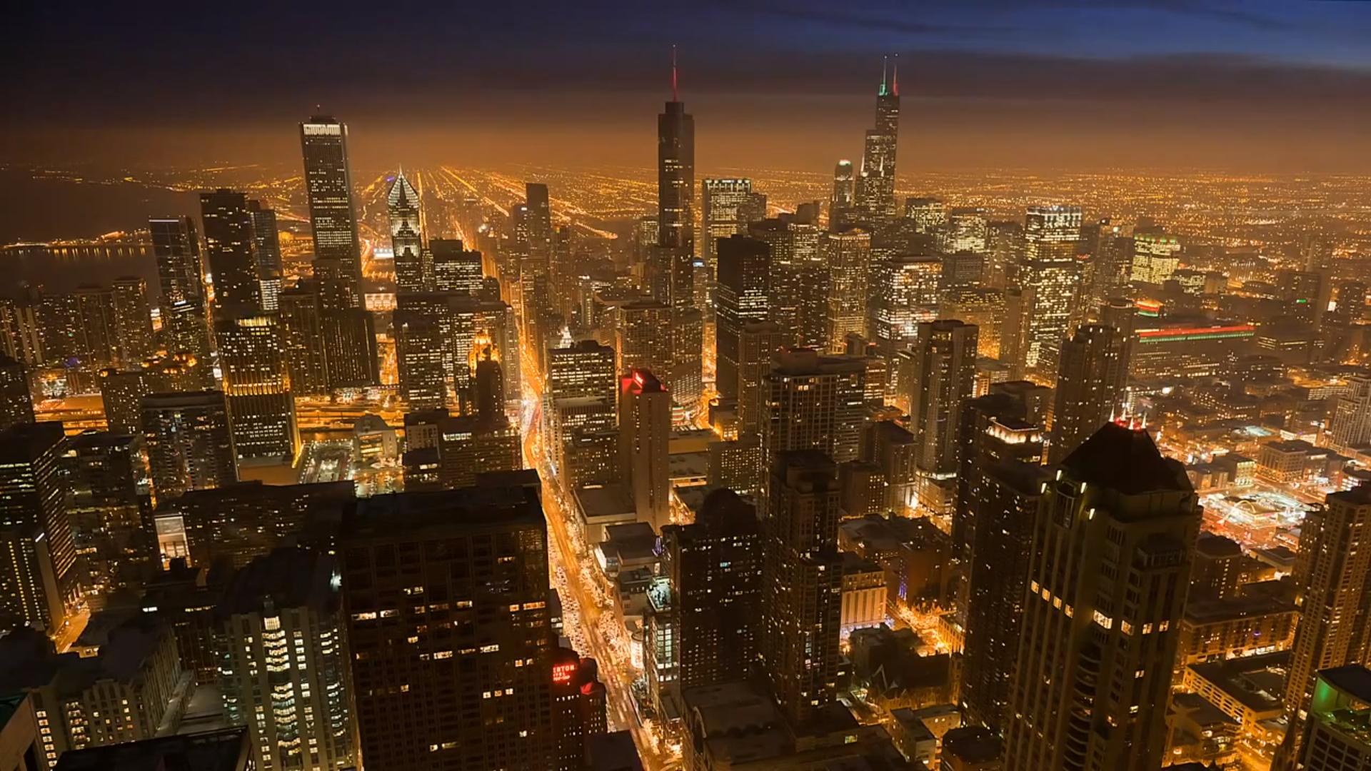 General 1920x1080 cityscape skyscraper lights night aerial view Chicago USA