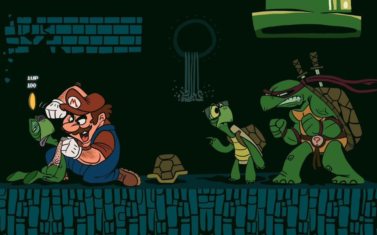 General 1280x800 Super Mario turtle Teenage Mutant Ninja Turtles coins fighting glasses sword crossover humor Raphael underground video game art video games
