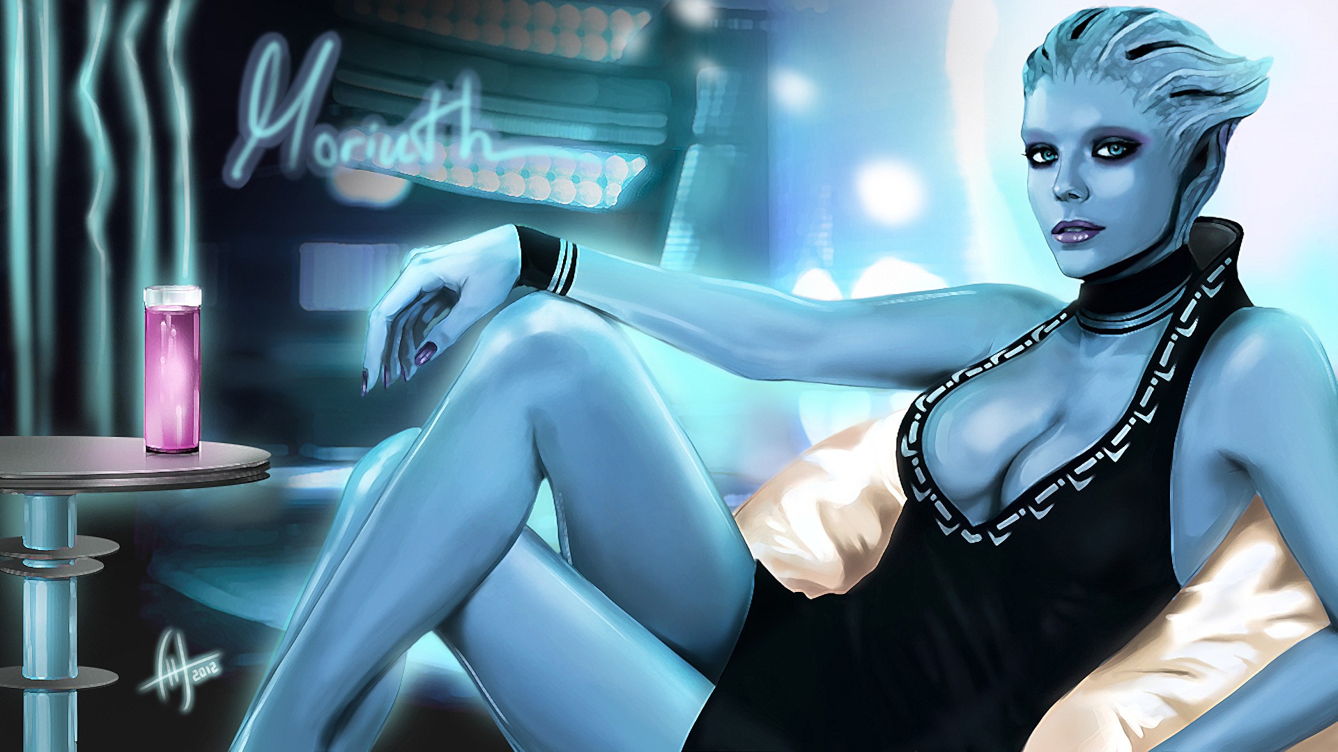 General 1920x1080 artwork video games Mass Effect Asari PC gaming legs legs crossed looking at viewer green eyes lipstick boobs dress video game art science fiction science fiction women