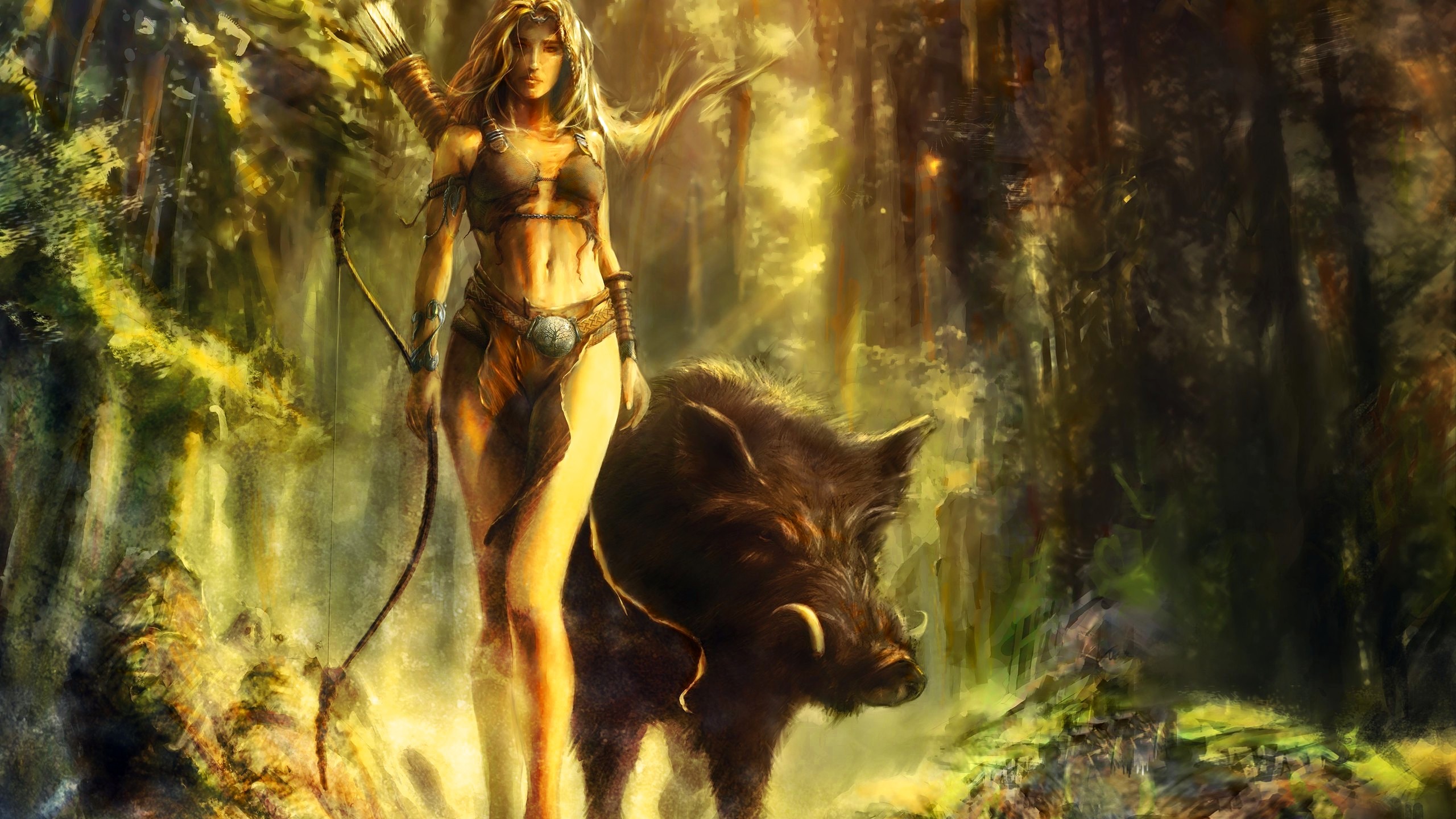 General 2560x1440 fantasy art bow fantasy girl archer women boars animals mammals belly standing nature bra blonde