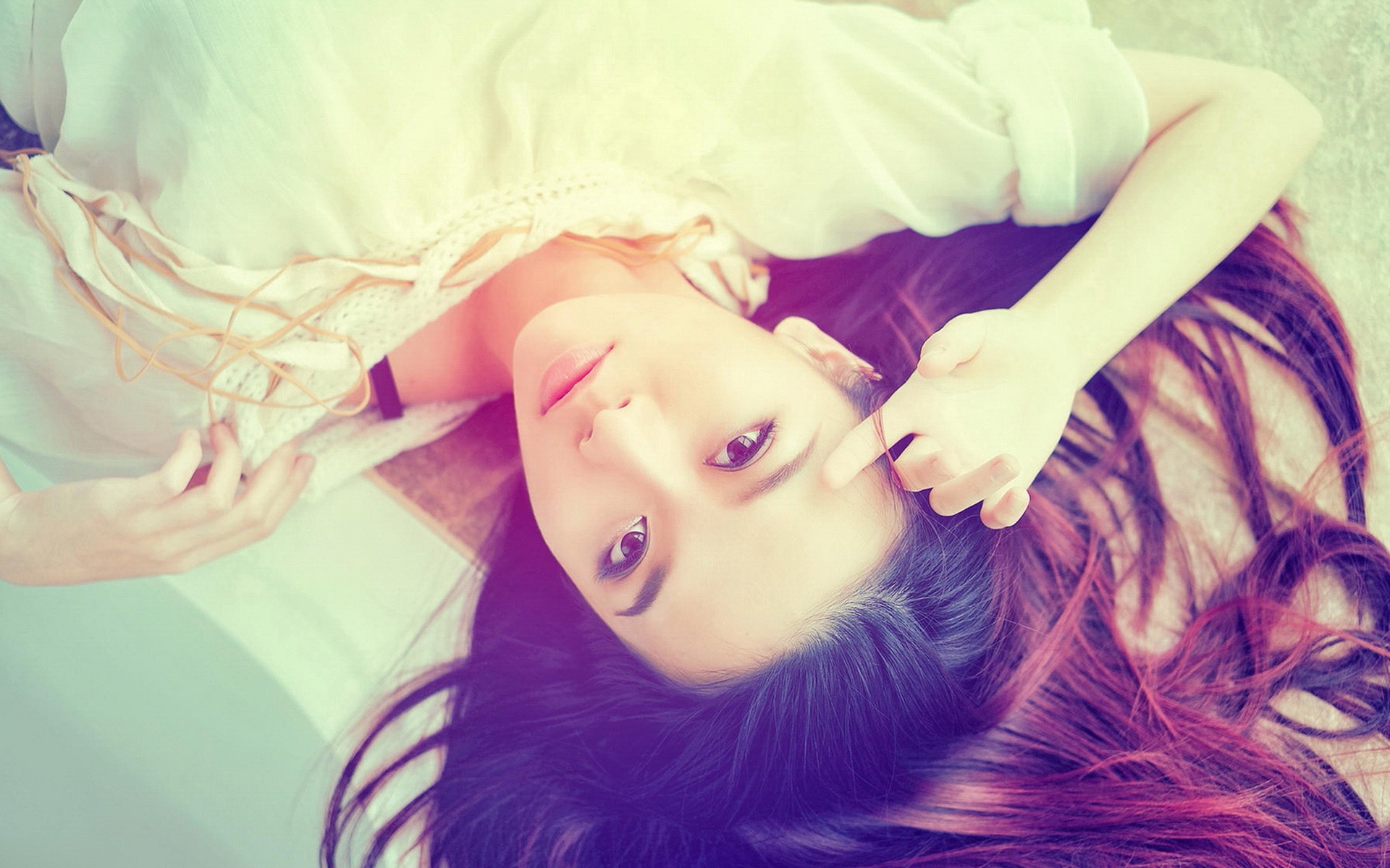 People 1920x1200 Asian women face model hands portrait looking up women indoors lying on back indoors dyed hair