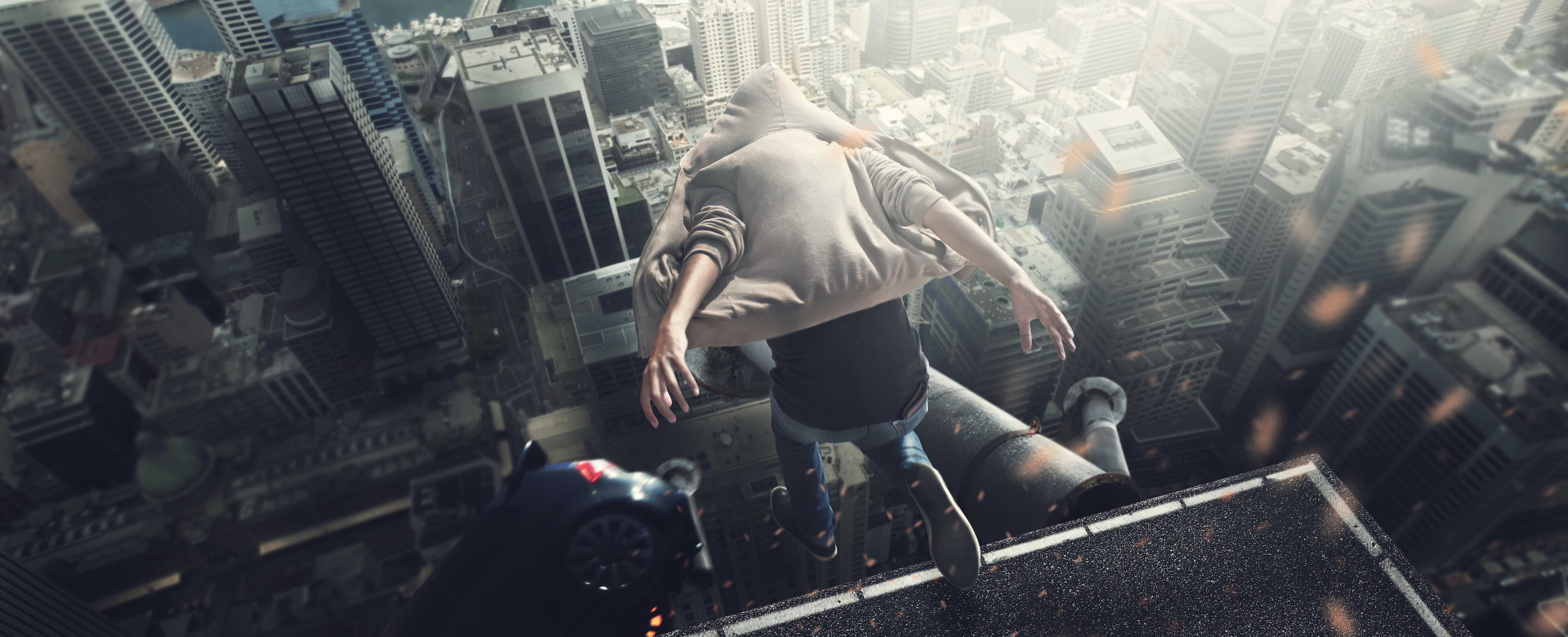 People 8000x3251 building hoods falling cityscape jumping