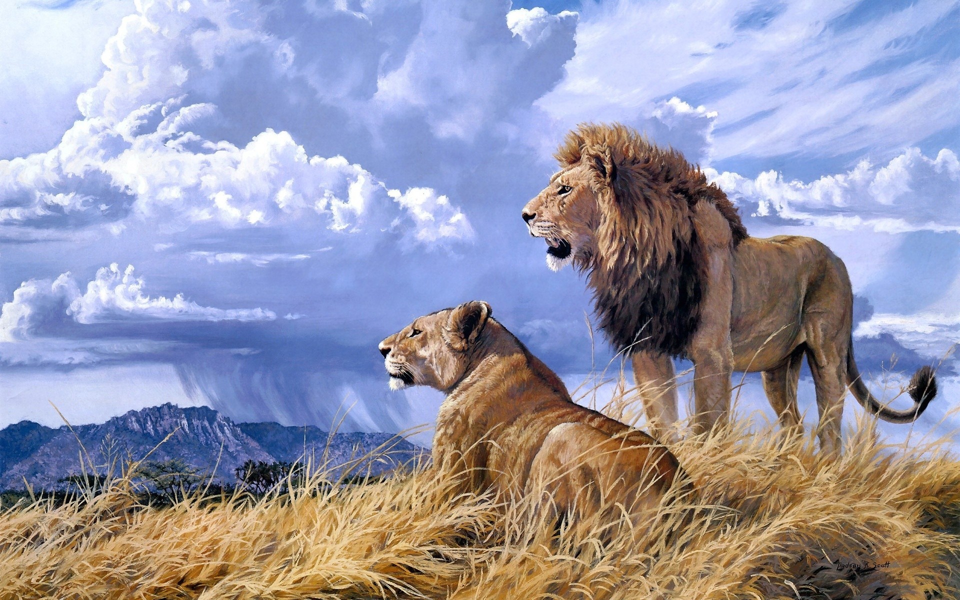 General 1920x1200 lion animals artwork nature big cats clouds mountains sky rain mammals