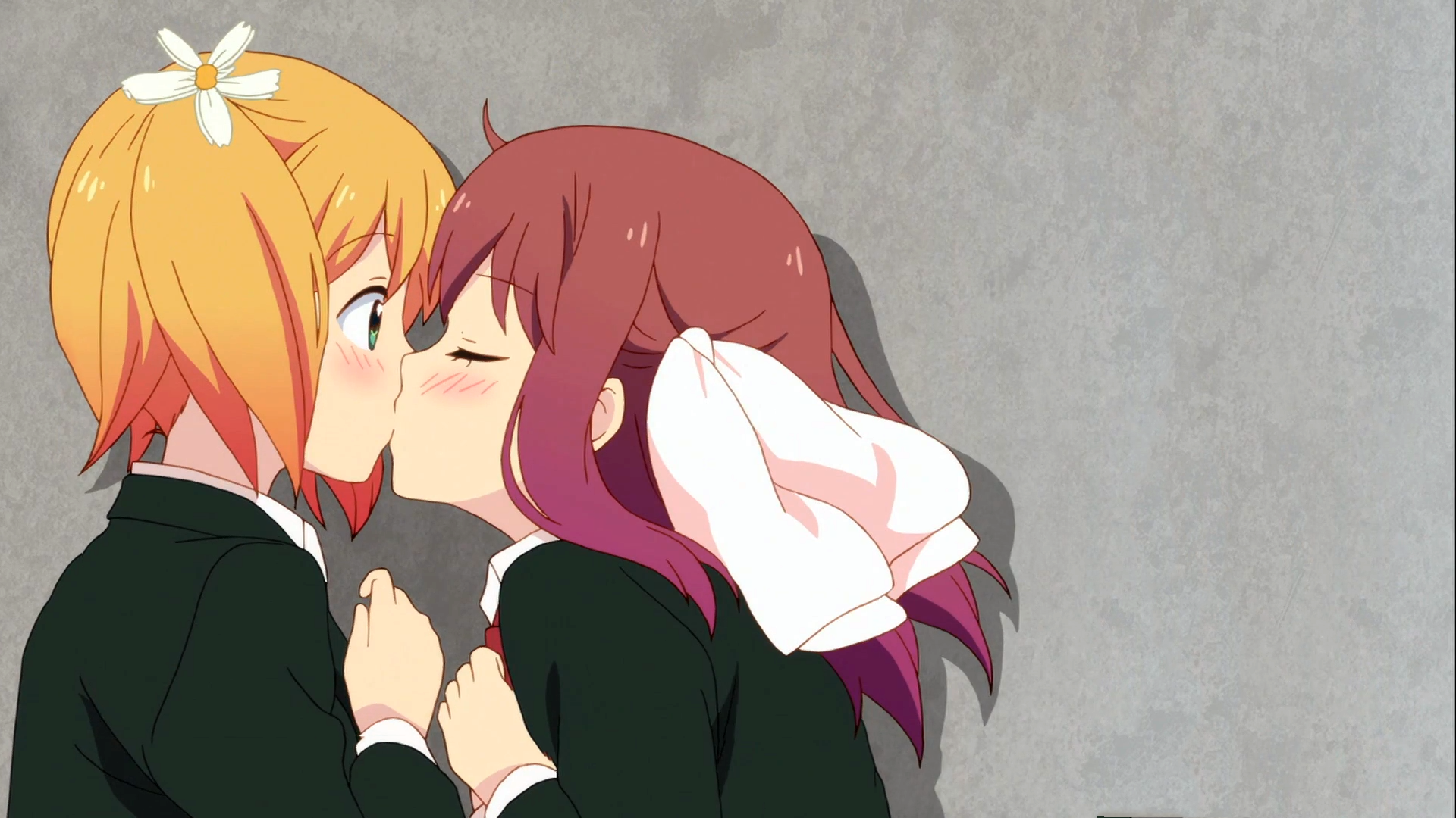 Anime 1920x1080 anime Sakura Trick yuri Sonoda Yuu school uniform Takayama Haruka anime girls kissing lesbians two women blonde closed eyes flower in hair