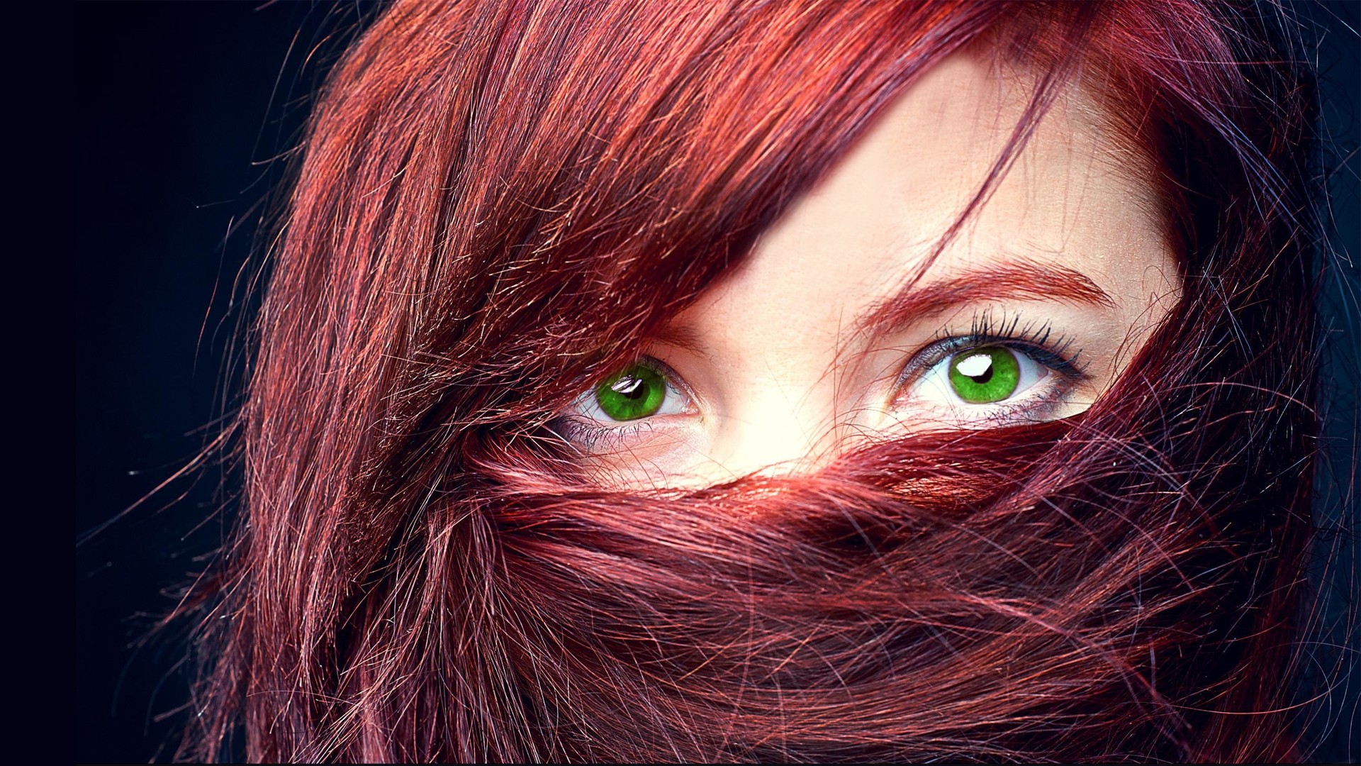 People 1920x1080 green eyes face women redhead hair in face model closeup looking at viewer eyes