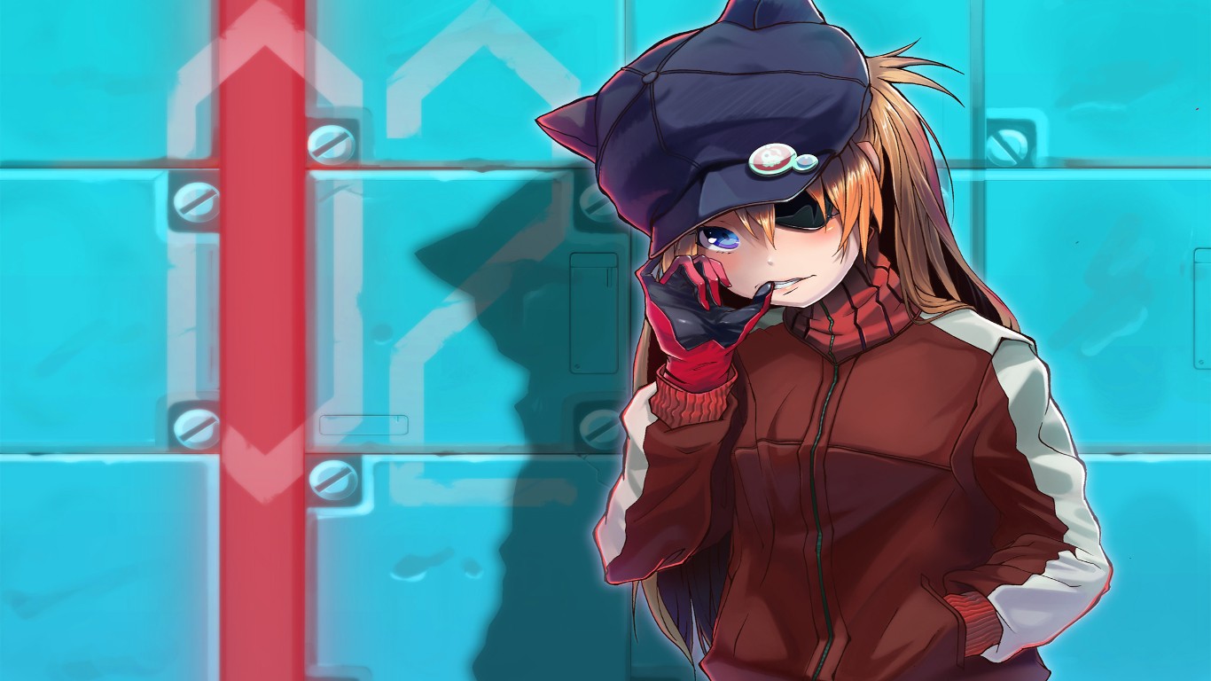 Anime 1366x768 Asuka Langley Soryu Neon Genesis Evangelion anime girls anime cyan hat women with hats gloves eyepatches blue eyes brunette looking at viewer