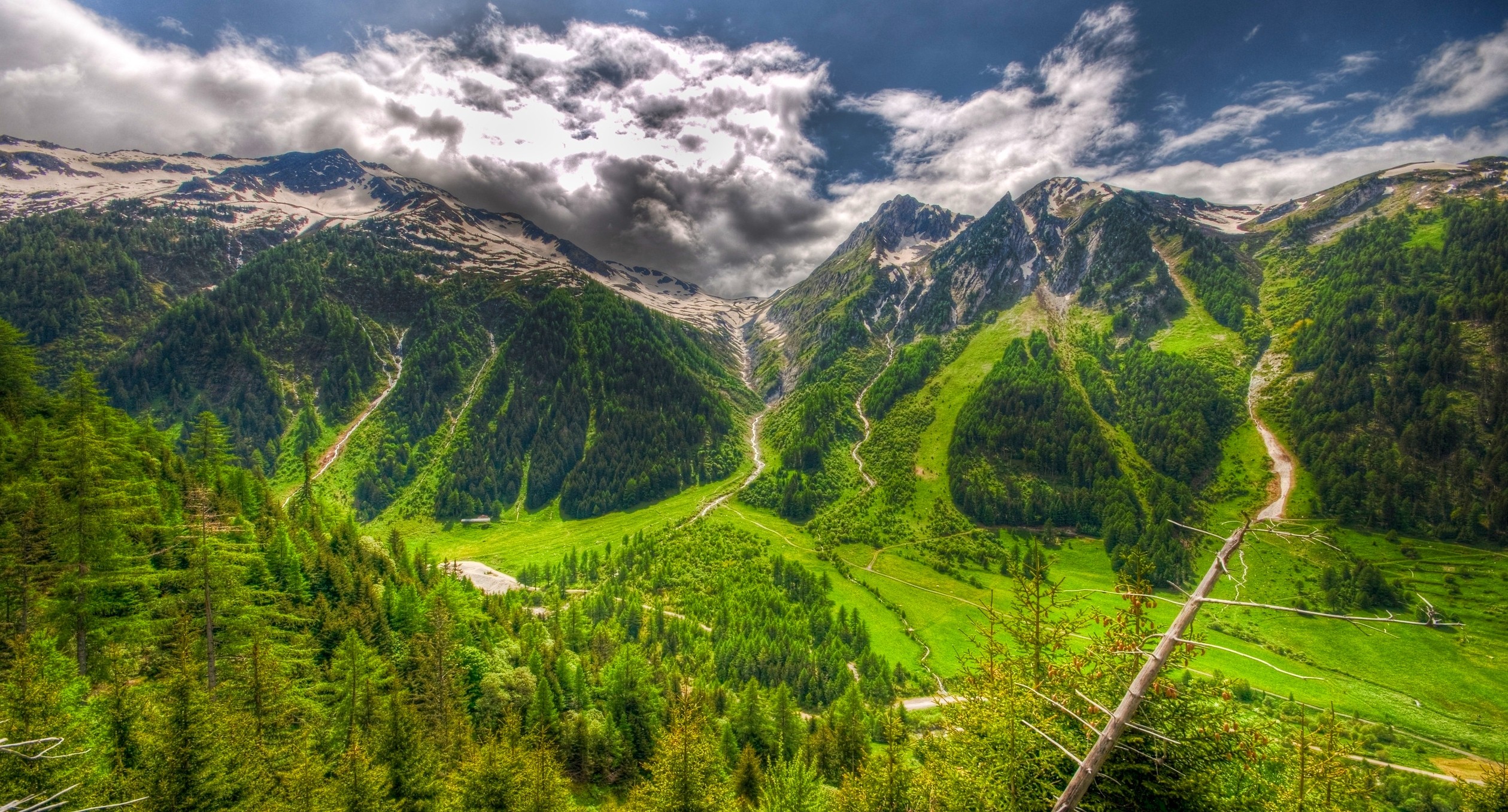 General 2519x1357 nature landscape Switzerland valley summer mountains forest clouds grass panorama