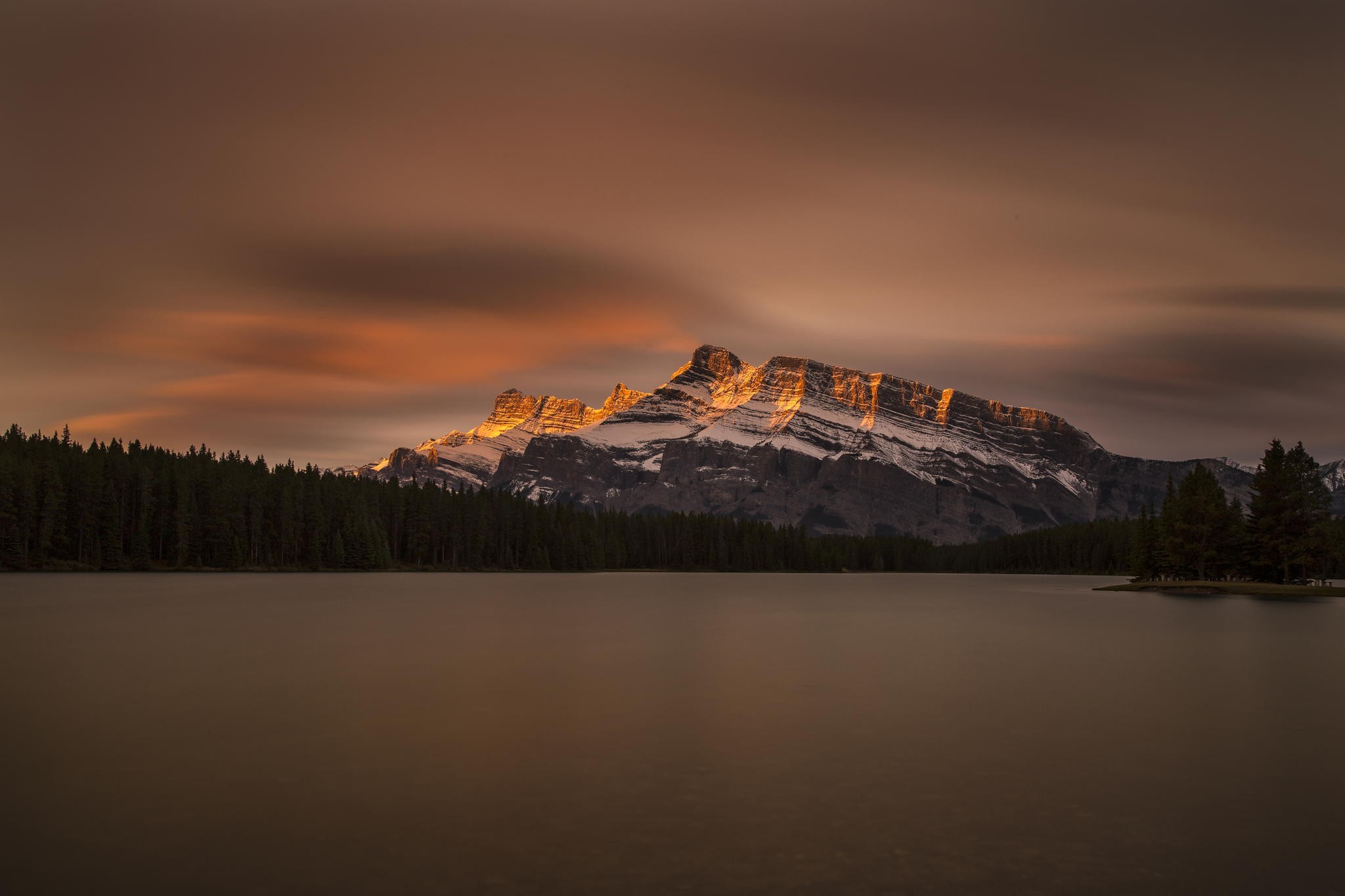 General 2048x1365 nature landscape mountains trees forest water lake clouds Canada sunlight snow long exposure overcast island brown Banff National Park Alberta Mount Rundle low light Two Jack Lake
