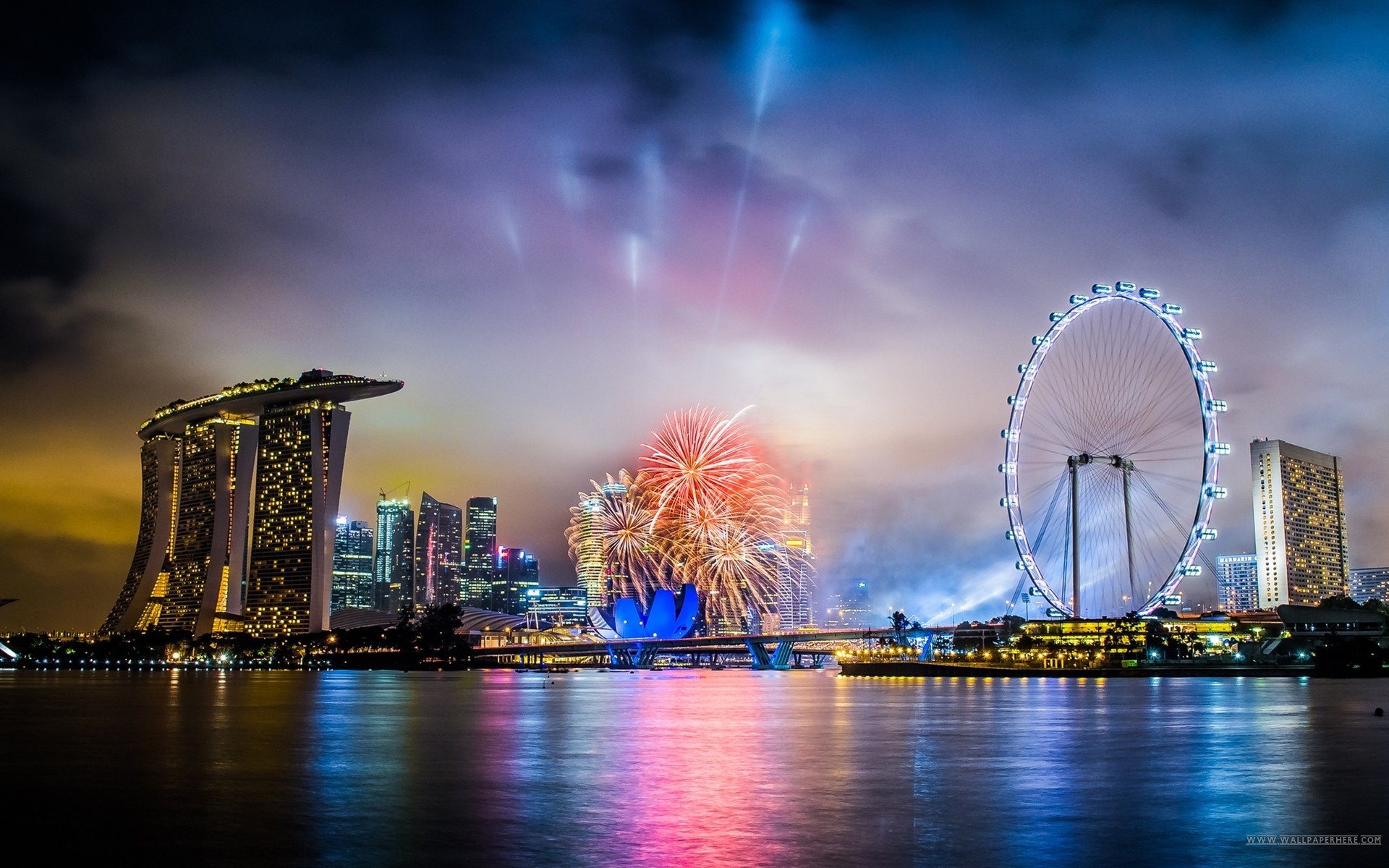 General 1920x1200 night Singapore clouds river city Asia cityscape city lights sky ferris wheel fireworks