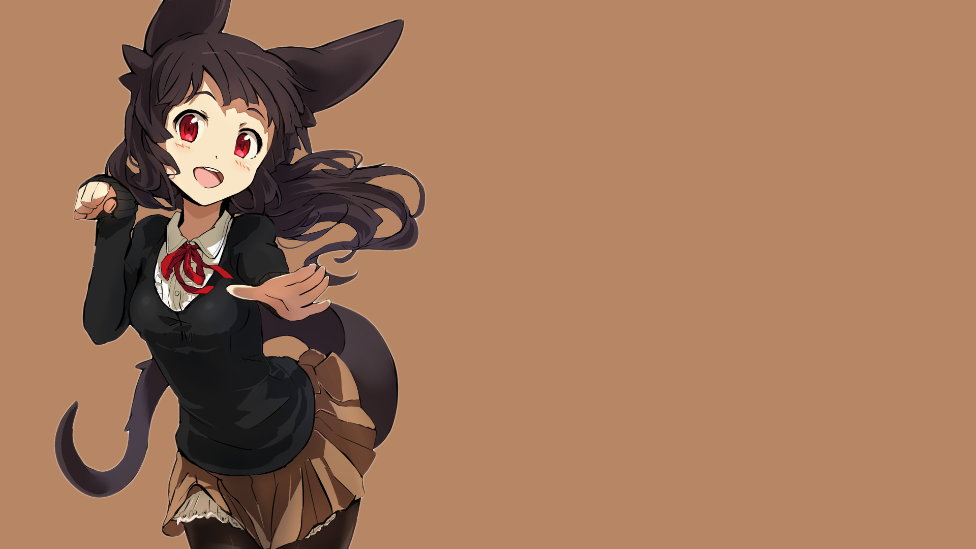 Anime 1920x1080 anime anime girls simple background red eyes brown background skirt brunette animal ears cat girl tail pantyhose original characters DeviantArt open mouth