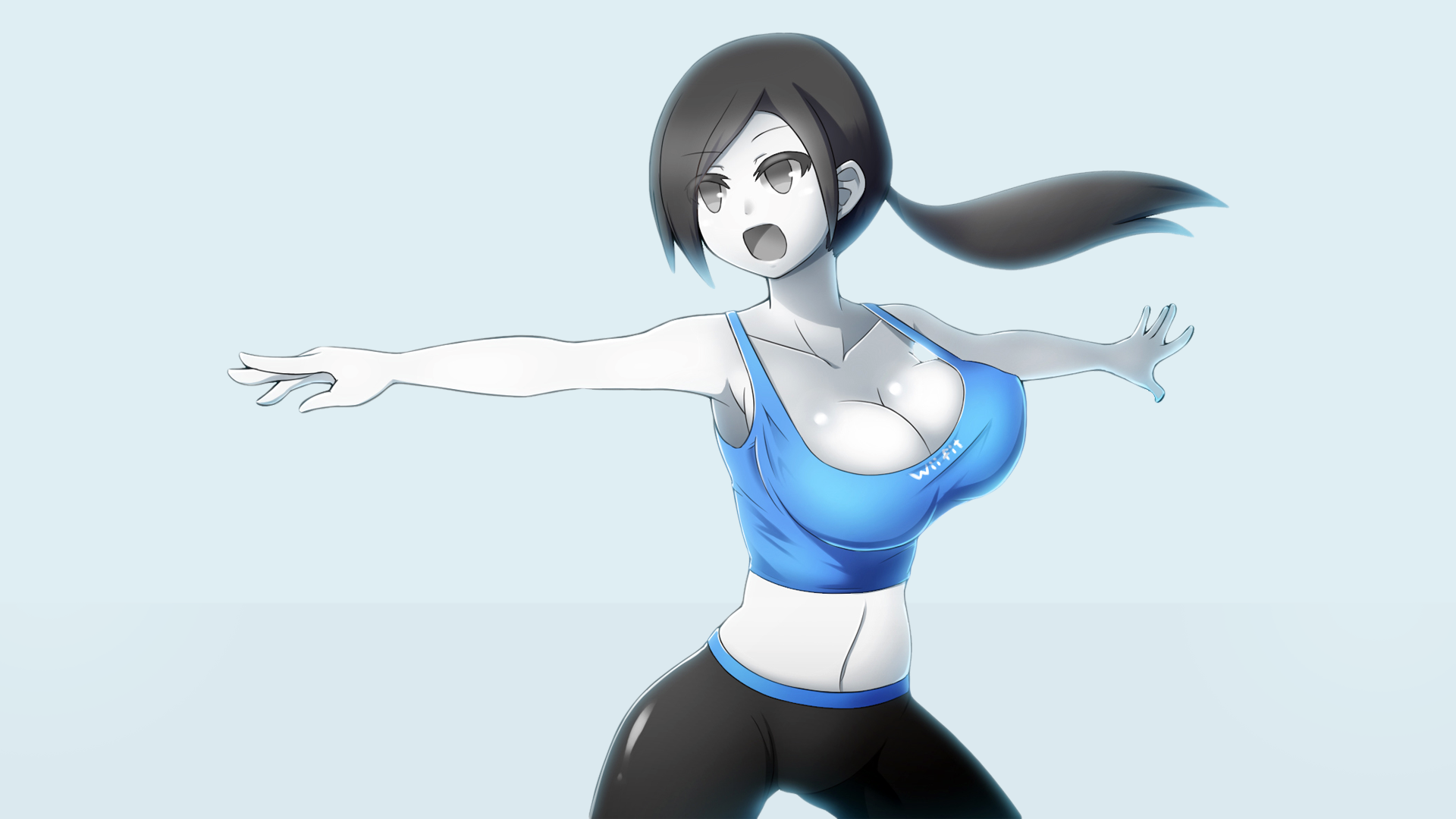 Anime 1920x1080 Wii Nintendo Wii Fit Trainer boobs big boobs huge breasts open mouth bare midriff simple background dark hair