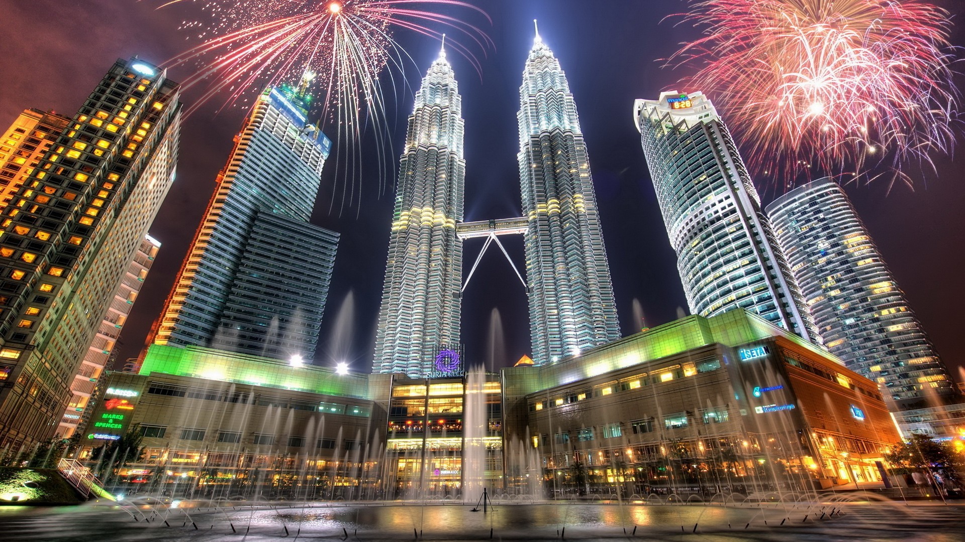 General 1920x1080 cityscape city building HDR lights Petronas Towers fireworks natural light digital lighting Kuala Lumpur Malaysia Asia landmark