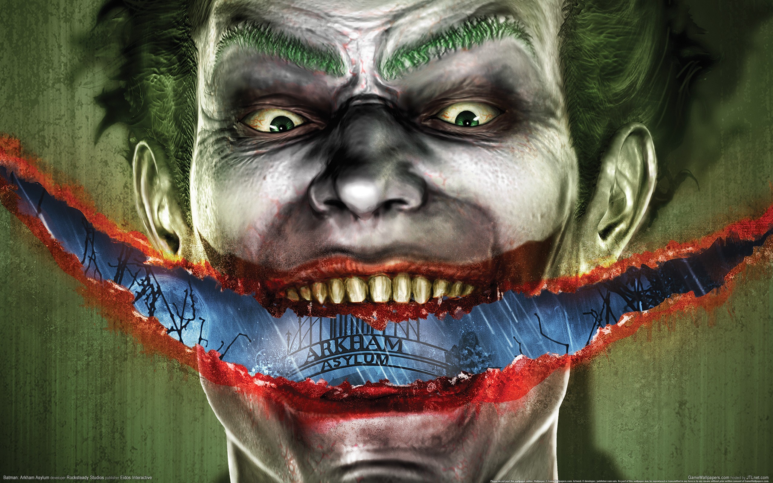 General 2560x1600 Batman Joker Batman: Arkham Asylum Rocksteady Studios villains DC Comics video games watermarked teeth green hair green eyes looking at viewer face