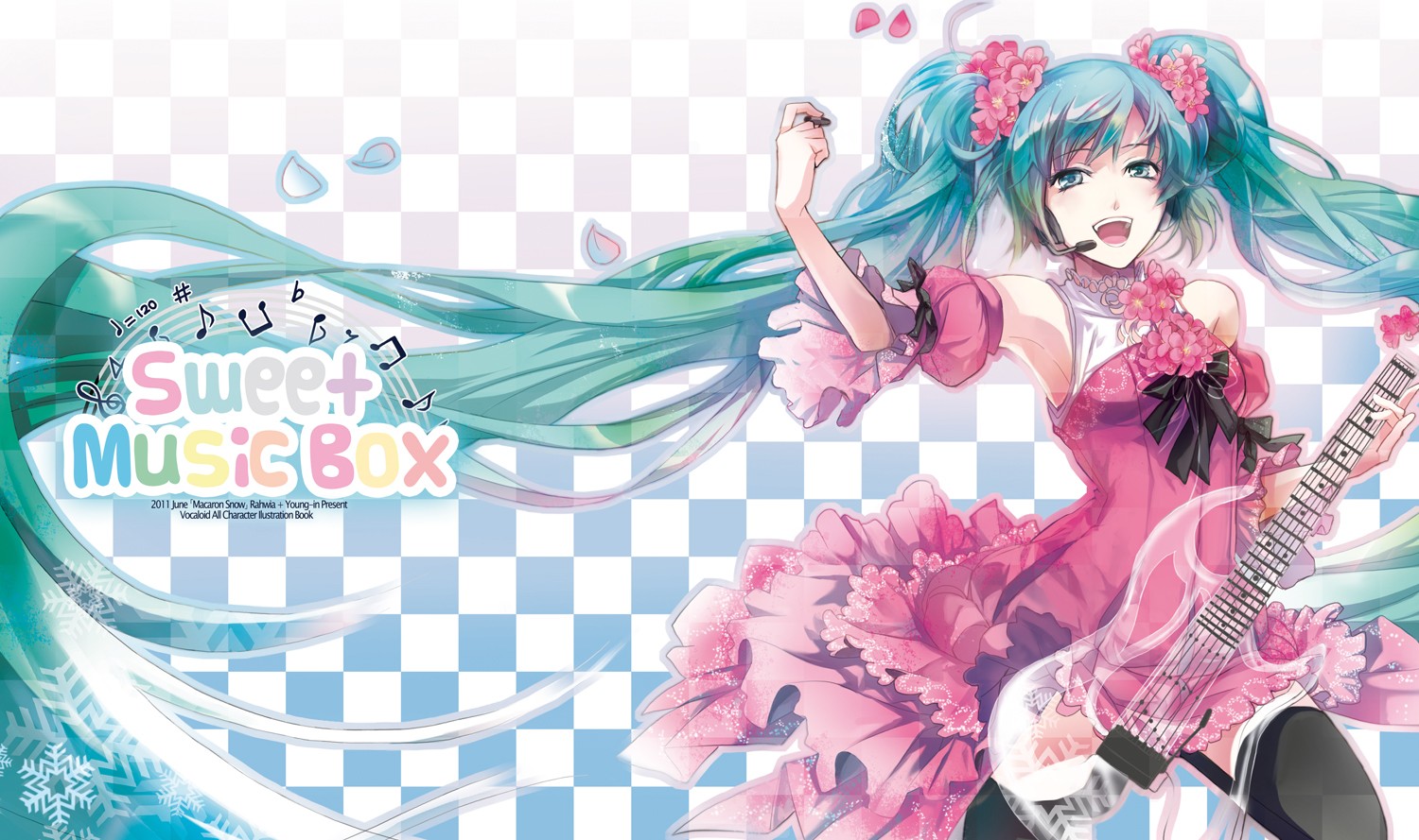 Anime 1500x889 Hatsune Miku blue hair anime Vocaloid guitar twintails ribbon anime girls cyan hair long hair musical instrument open mouth singer music