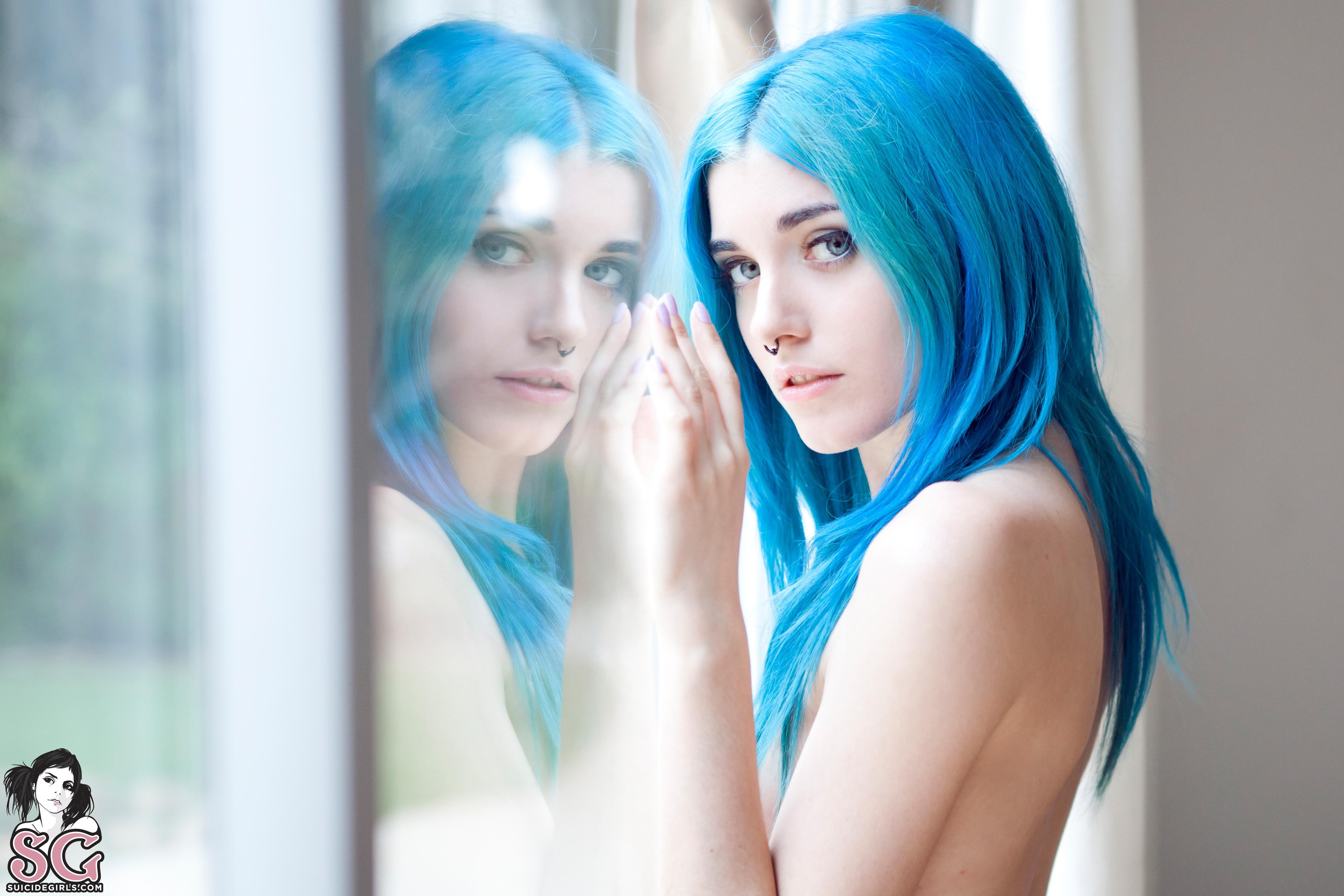 People 4584x3056 Yuxi Suicide blue hair blue eyes dyed hair Suicide Girls reflection women looking at viewer women indoors indoors nose ring long hair Spanish Spanish women model nude