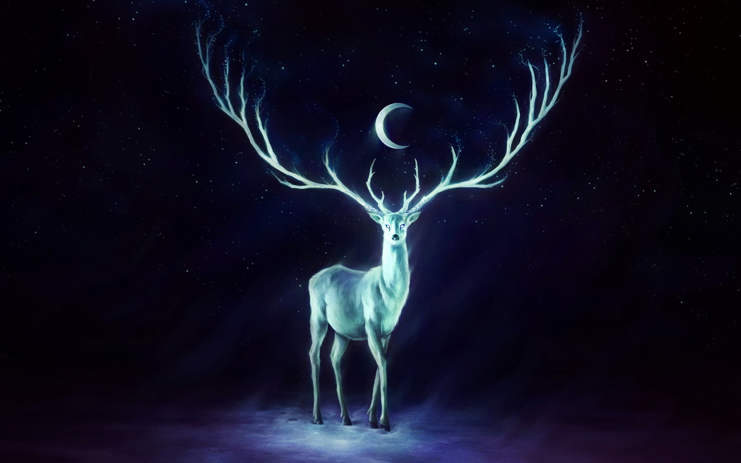 General 2560x1600 artwork crescent moon painting deer antlers stags fantasy art animals cyan violet Jonas Jodicke digital art
