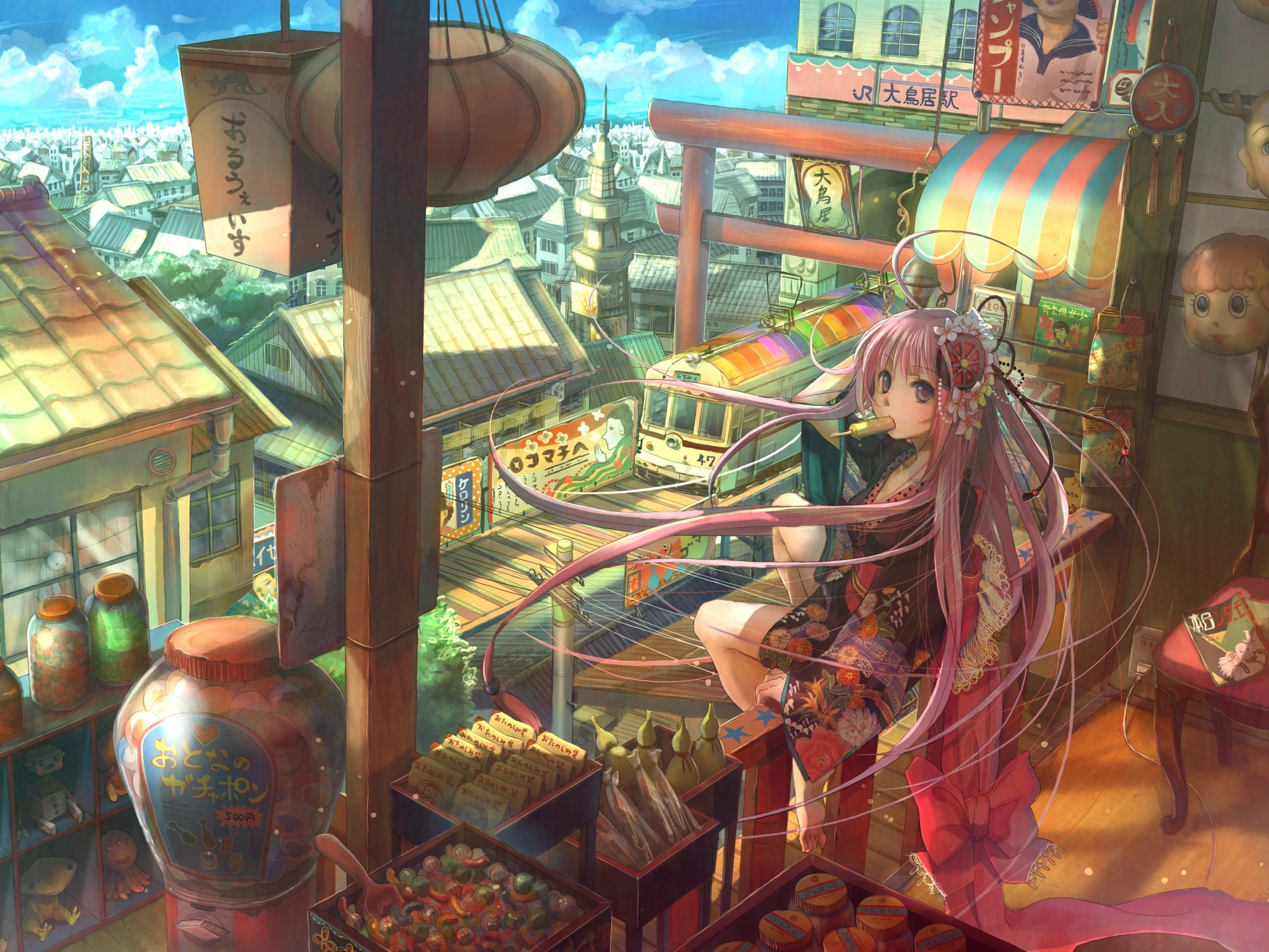Anime 2560x1920 anime long hair popsicle sitting cityscape original characters vehicle pink hair food sweets women anime girls