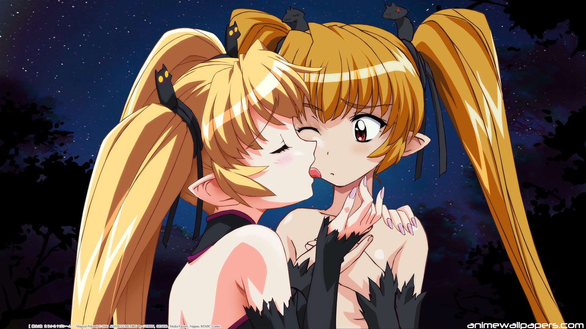 Anime 1920x1080 anime anime girls blonde twintails yuri tongues tongue out long hair one eye closed closed eyes licking pointy ears