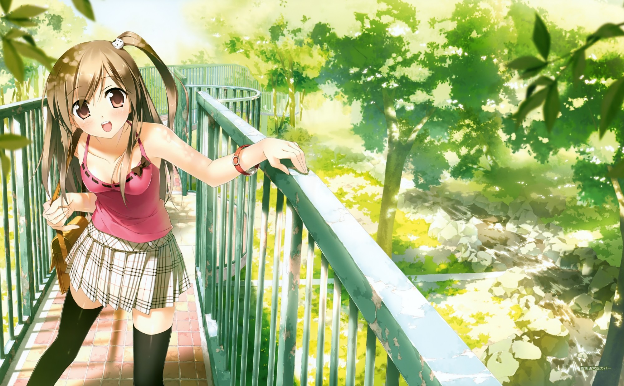Anime 2000x1237 anime girls schoolgirl bridge garden smiling anime Kantoku miniskirt brunette open mouth trees