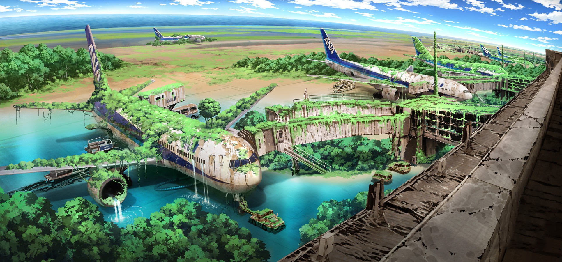 Anime 1930x900 anime landscape apocalyptic aircraft futuristic science fiction wreck vehicle airport artwork passenger aircraft abandoned ruins