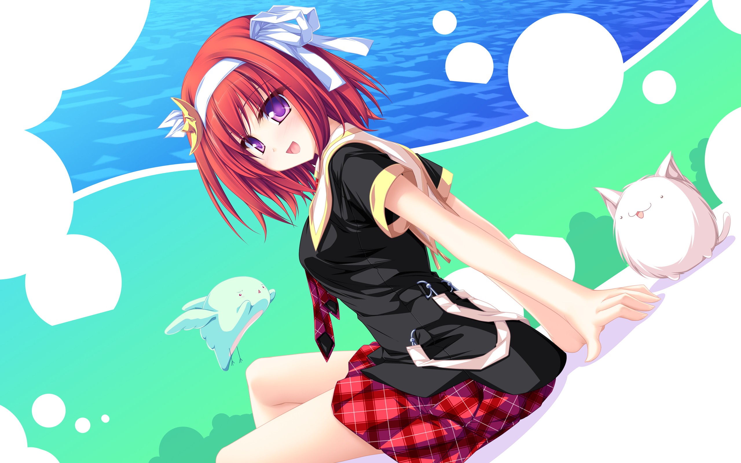 Anime 2560x1600 anime anime girls redhead purple eyes miniskirt sitting open mouth looking at viewer