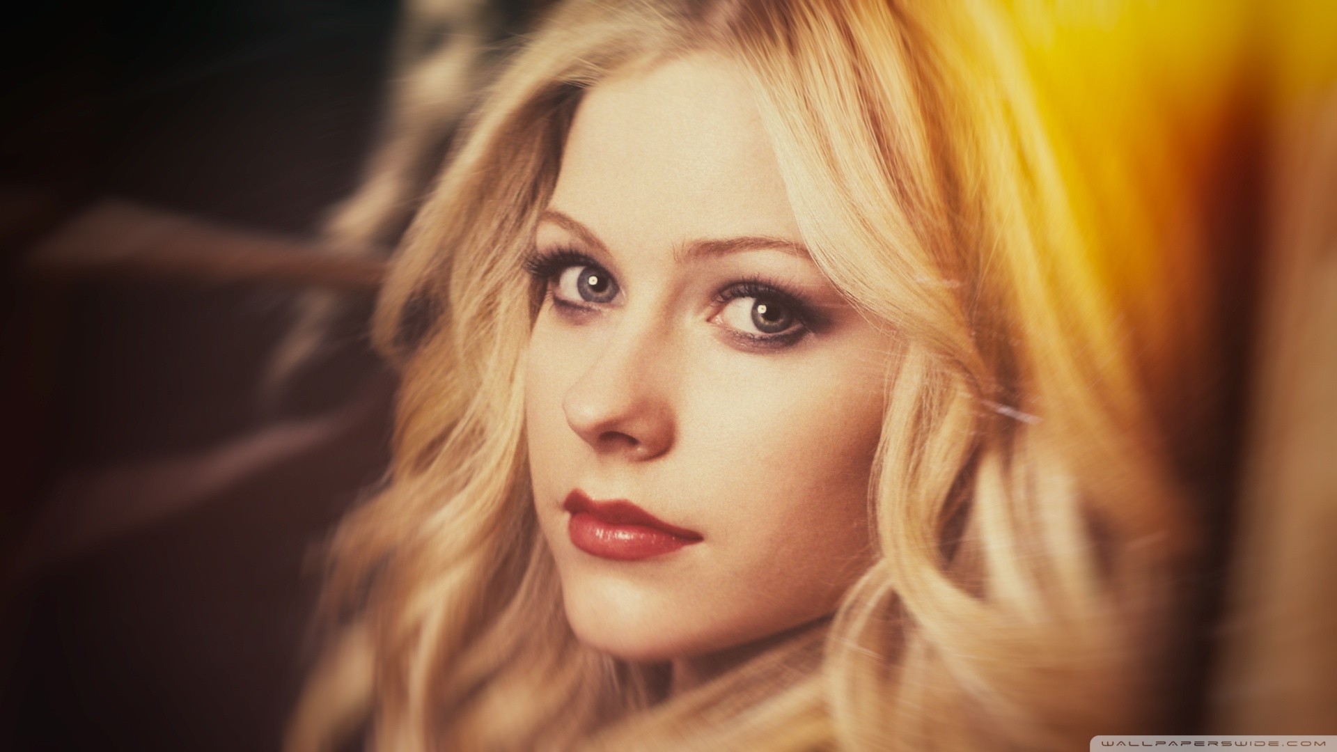 People 1920x1080 Avril Lavigne women blonde singer red lipstick blue eyes closeup