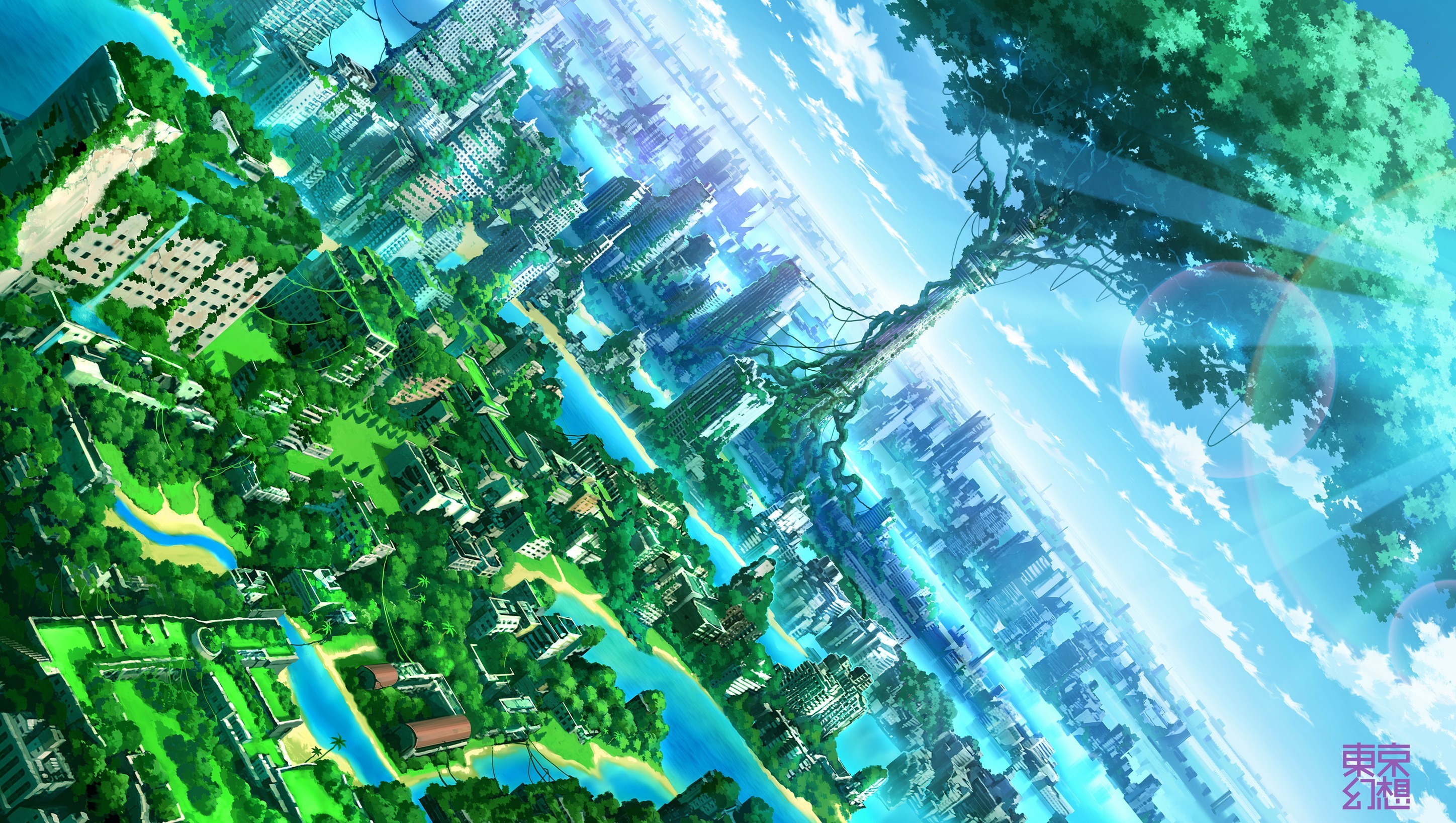 Anime 2896x1636 anime artwork fantasy art city nature cityscape trees