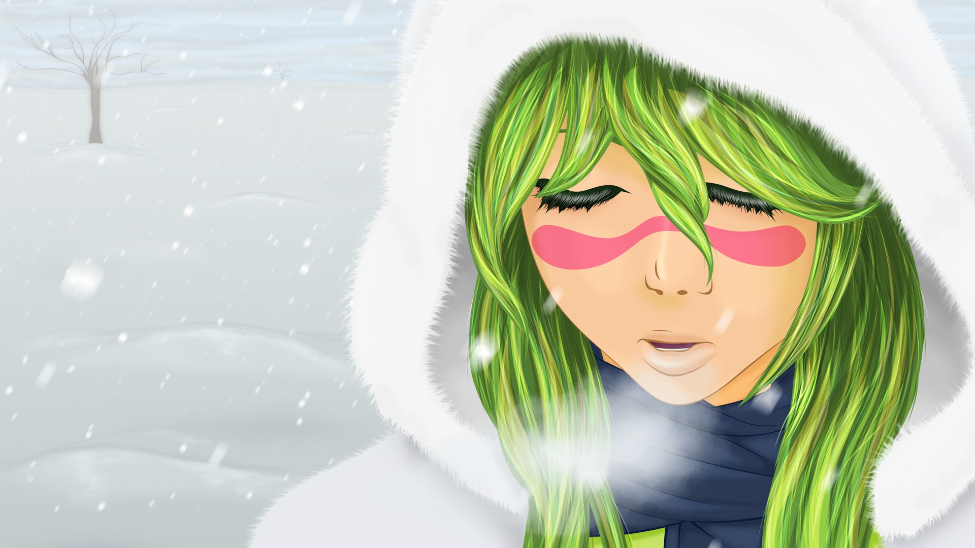 Anime 1920x1080 Bleach Nelliel Tu Odelschwanck green hair snow closed eyes hoods fur winter face anime girls