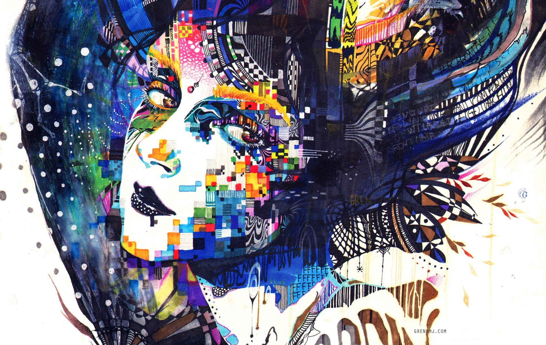 General 1900x1200 colorful women Minjae Lee face painting mosaic surreal artwork abstract digital art blue looking at viewer