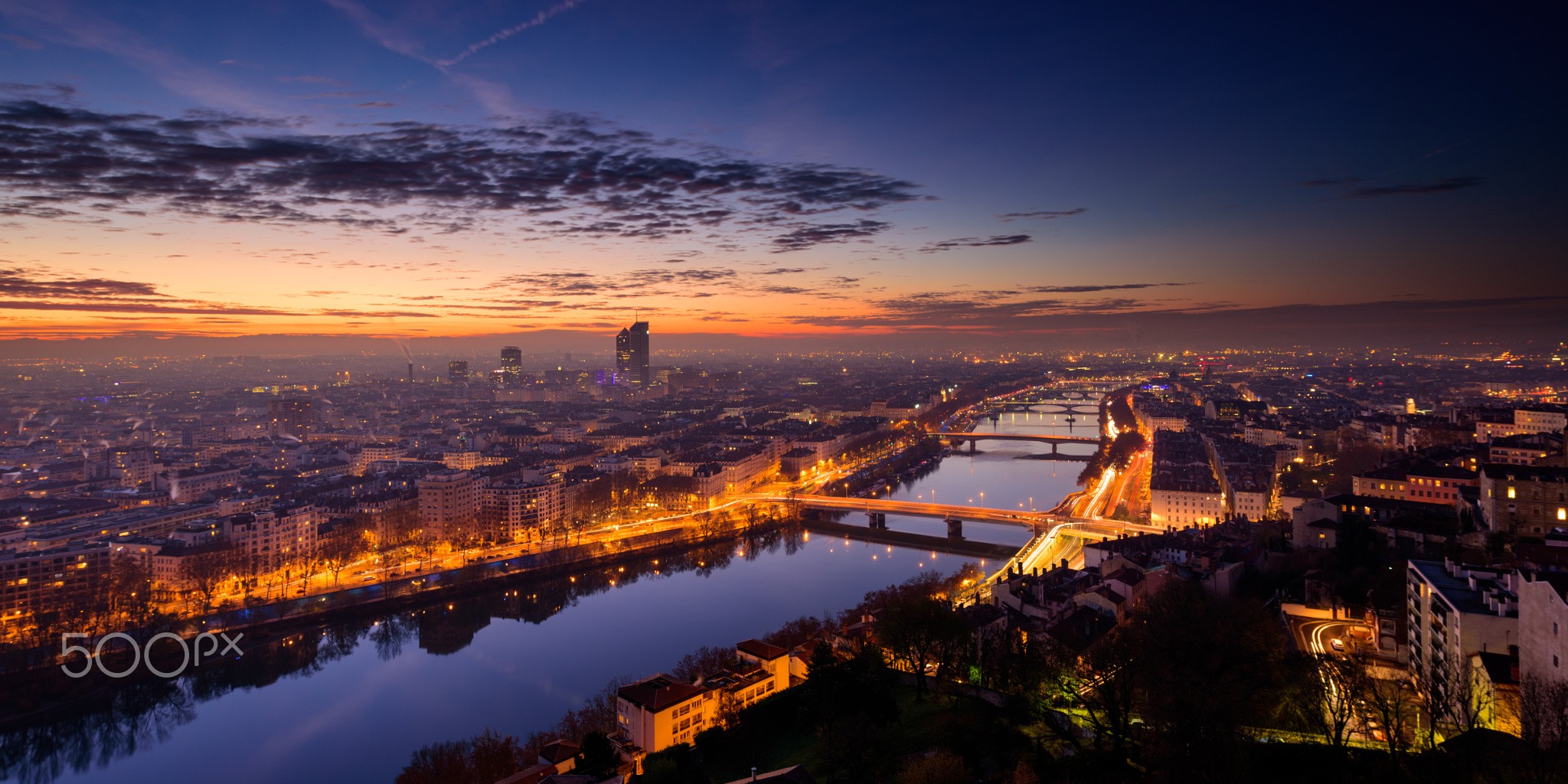 General 2048x1024 cityscape Lyon city lights sunset river France 500px