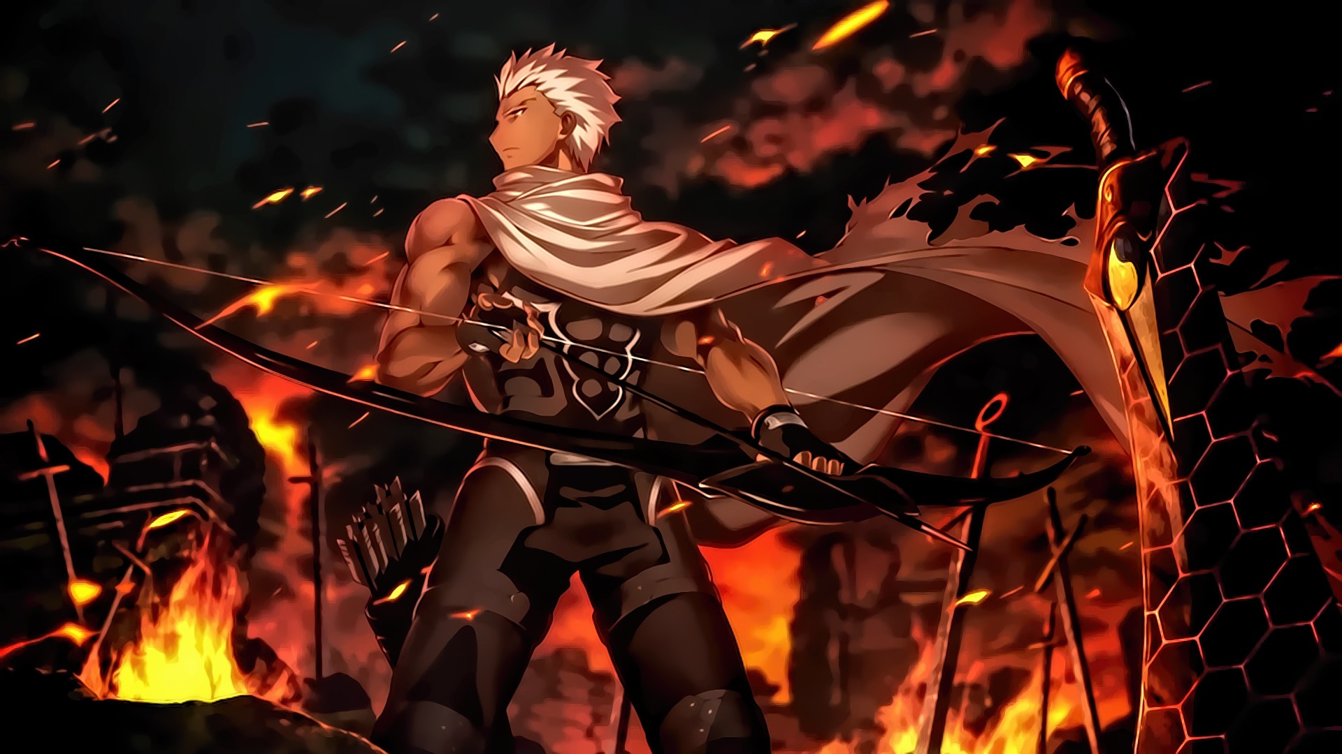 Anime 1920x1080 Fate/Stay Night: Unlimited Blade Works archer Fate series sword Archer (Fate/Stay Night) fire cape white hair Fate/Stay Night anime men muscular bow and arrow bow arrows DeviantArt fantasy art fantasy men