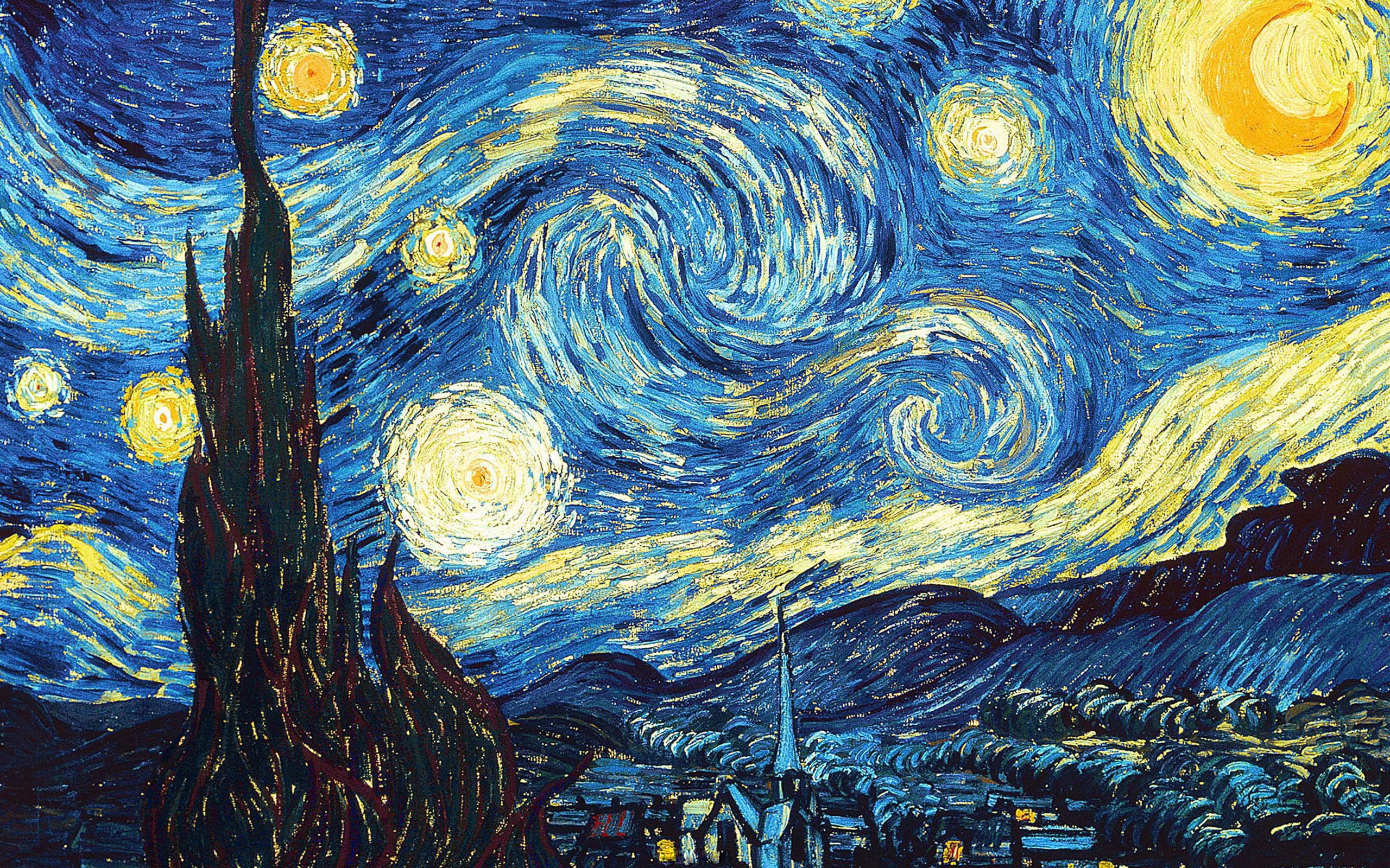 General 2560x1600 The Starry Night painting abstract starry night blue cyan yellow artwork Vincent van Gogh digital art classic art