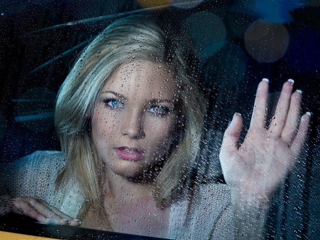People 1024x768 women blonde blue eyes Jenni Gregg car vehicle women with cars water on glass hands on glass water drops Czech women model