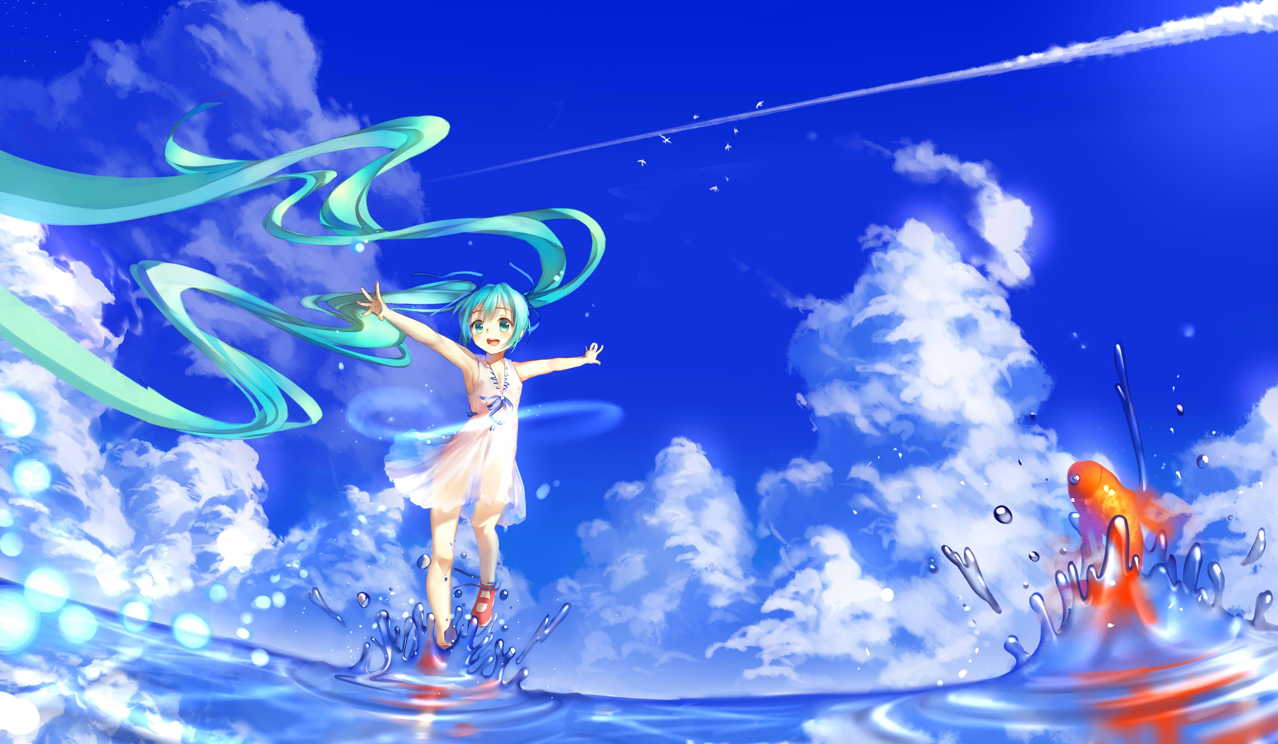 Anime 4200x2444 anime girls Vocaloid Hatsune Miku twintails clouds sky water goldfish fish cyan hair long hair women outdoors