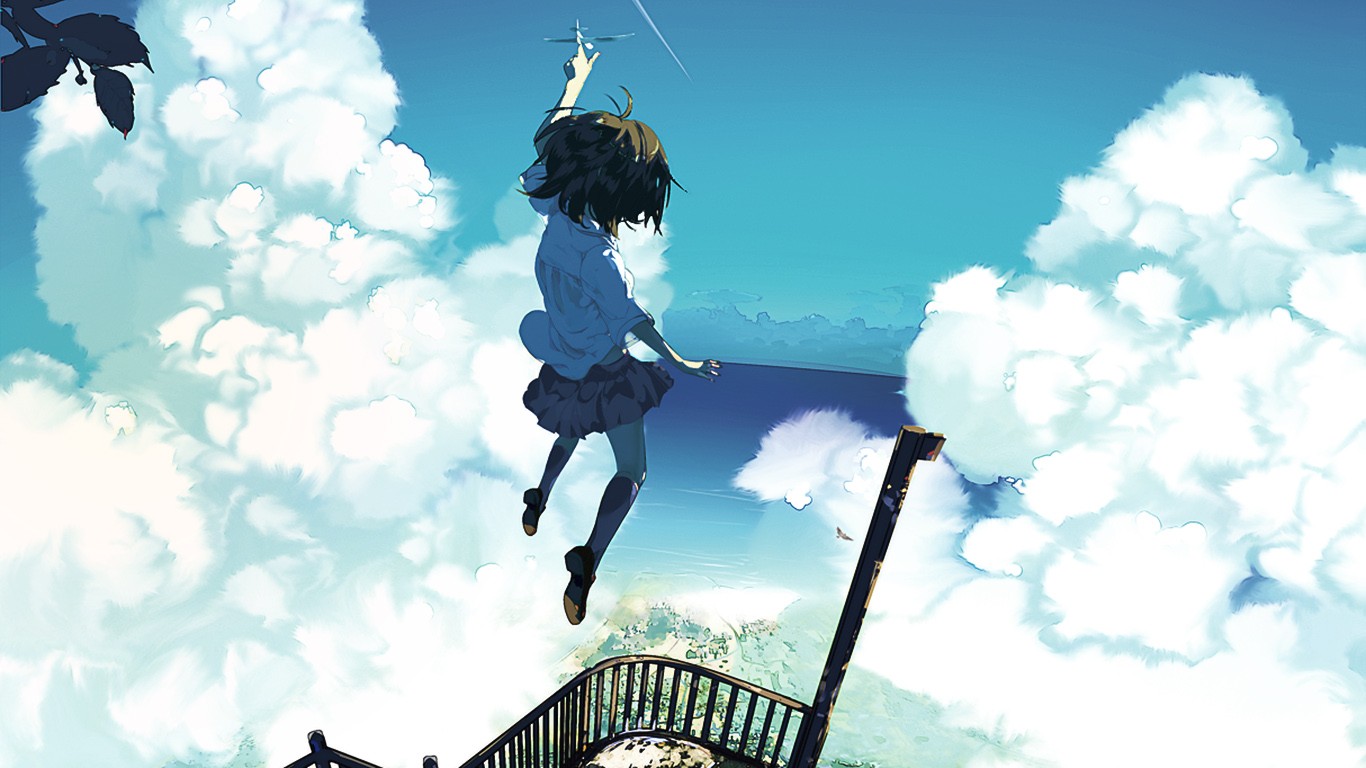 Anime 1366x768 anime sky original characters anime girls clouds
