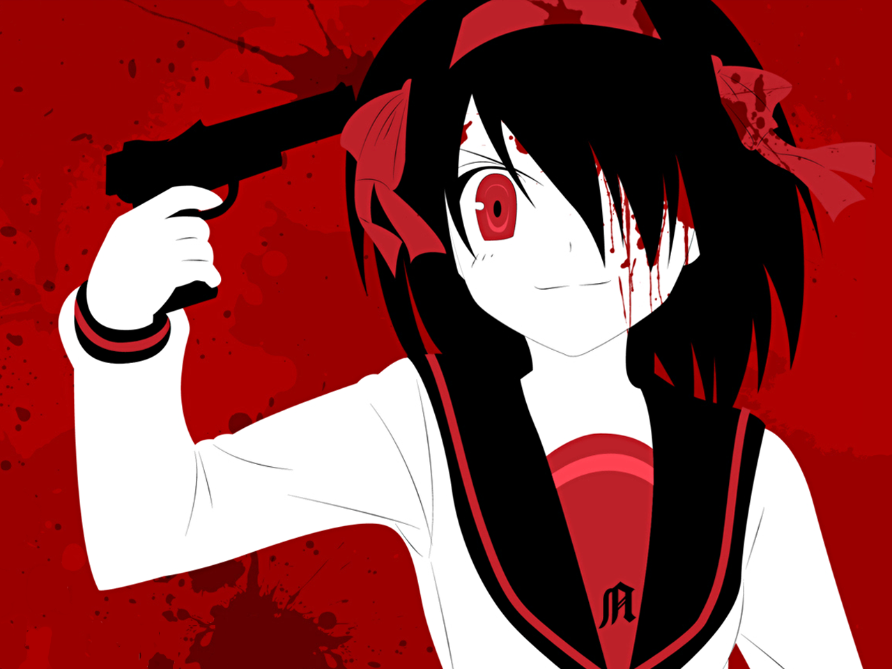 Anime 1280x960 anime Suzumiya Haruhi The Melancholy of Haruhi Suzumiya anime girls blood suicide weapon gun girls with guns dark hair red eyes anime girls with guns