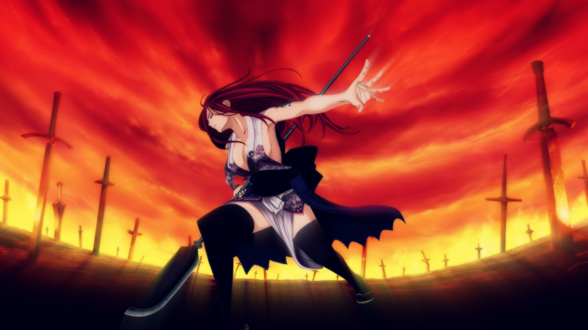 Anime 1920x1080 anime Fairy Tail Scarlet Erza anime girls fantasy art fantasy girl redhead long hair warrior orange sky sword
