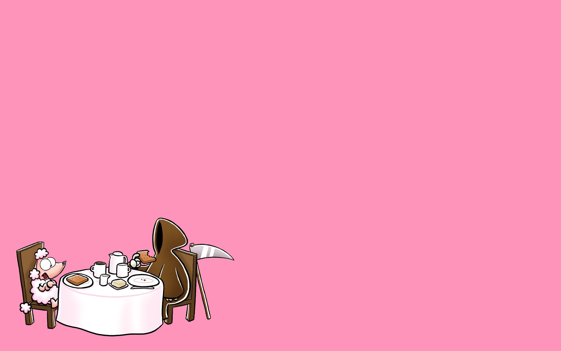 General 1920x1200 cartoon death minimalism humor food pink background simple background scythe eating